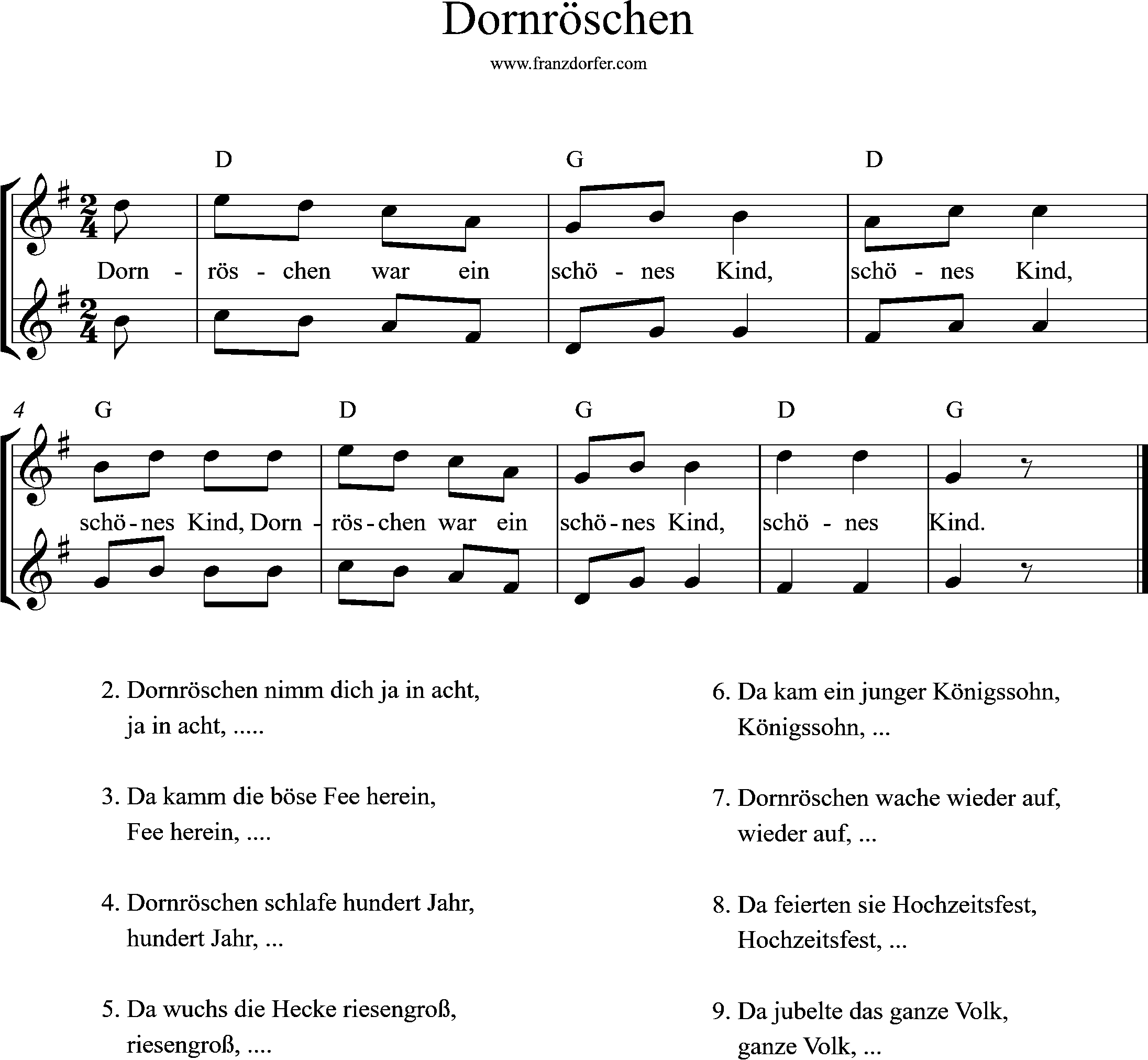 sax noten, G-Dur, Dornröschen