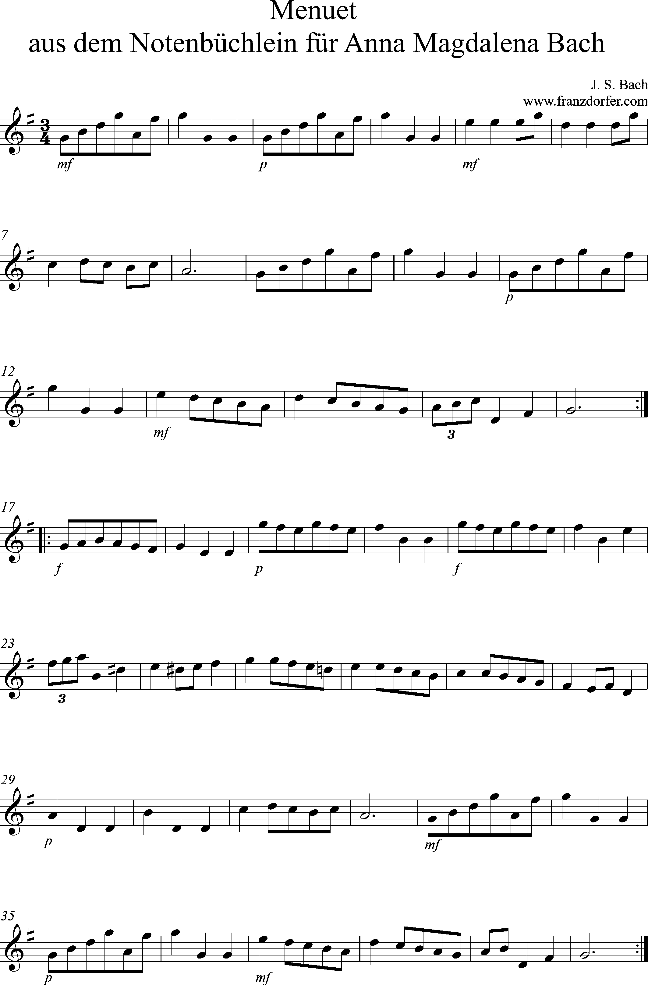 Clarinet sheetmusic, Menuet notenbüchlein