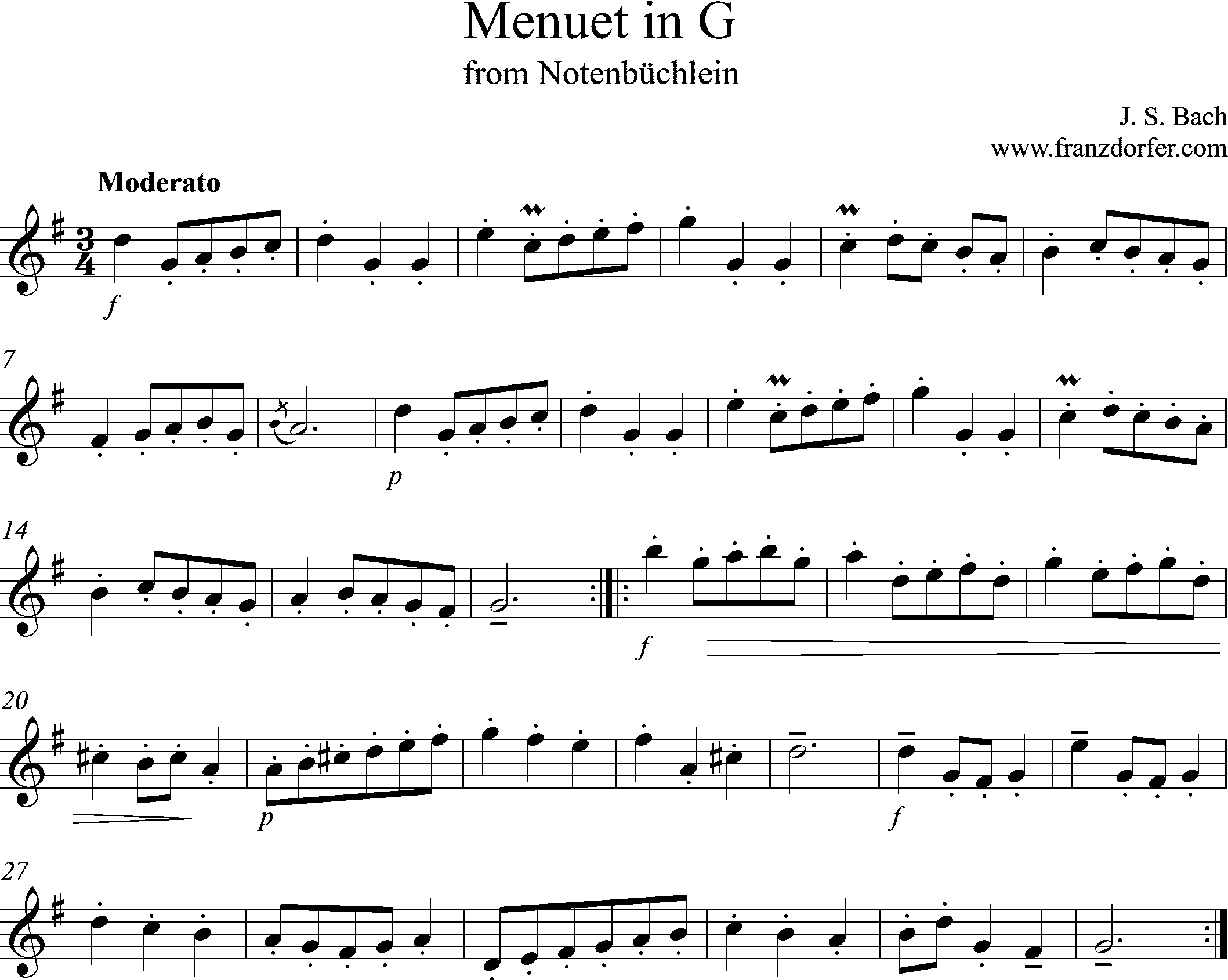Noten für Blockflöte, MEnuet in G, Bach