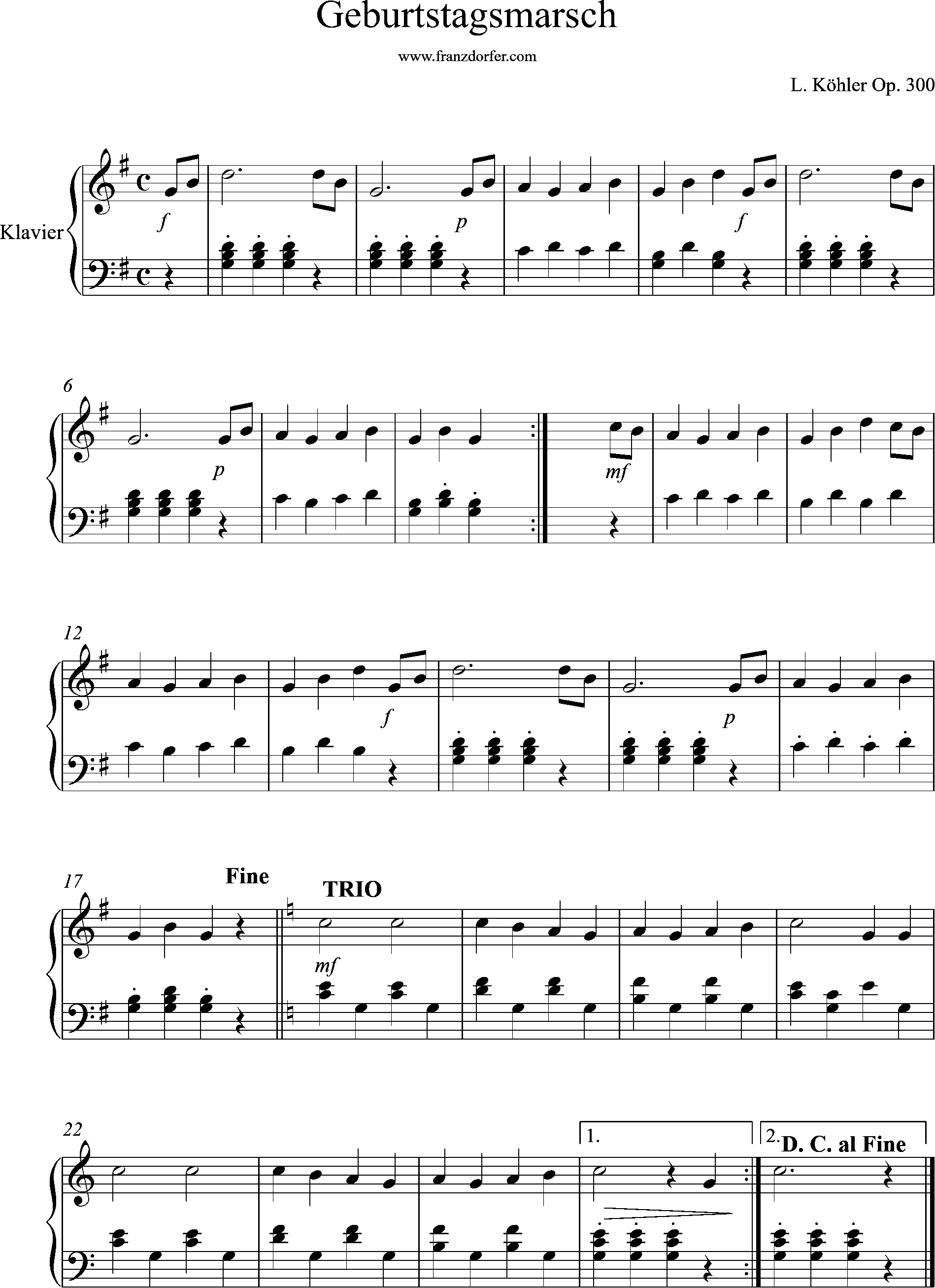klaviernoten, Geburtstagsmarsch, Köhler, G-Dur
