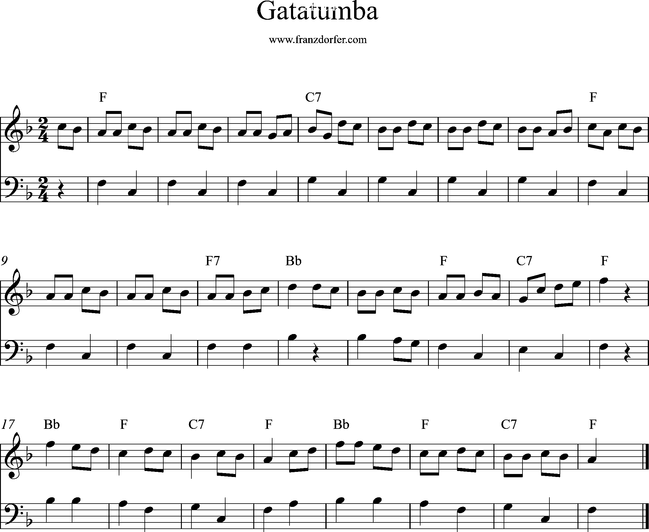 Piano Sheetmusic, F-Major, Gatatumba
