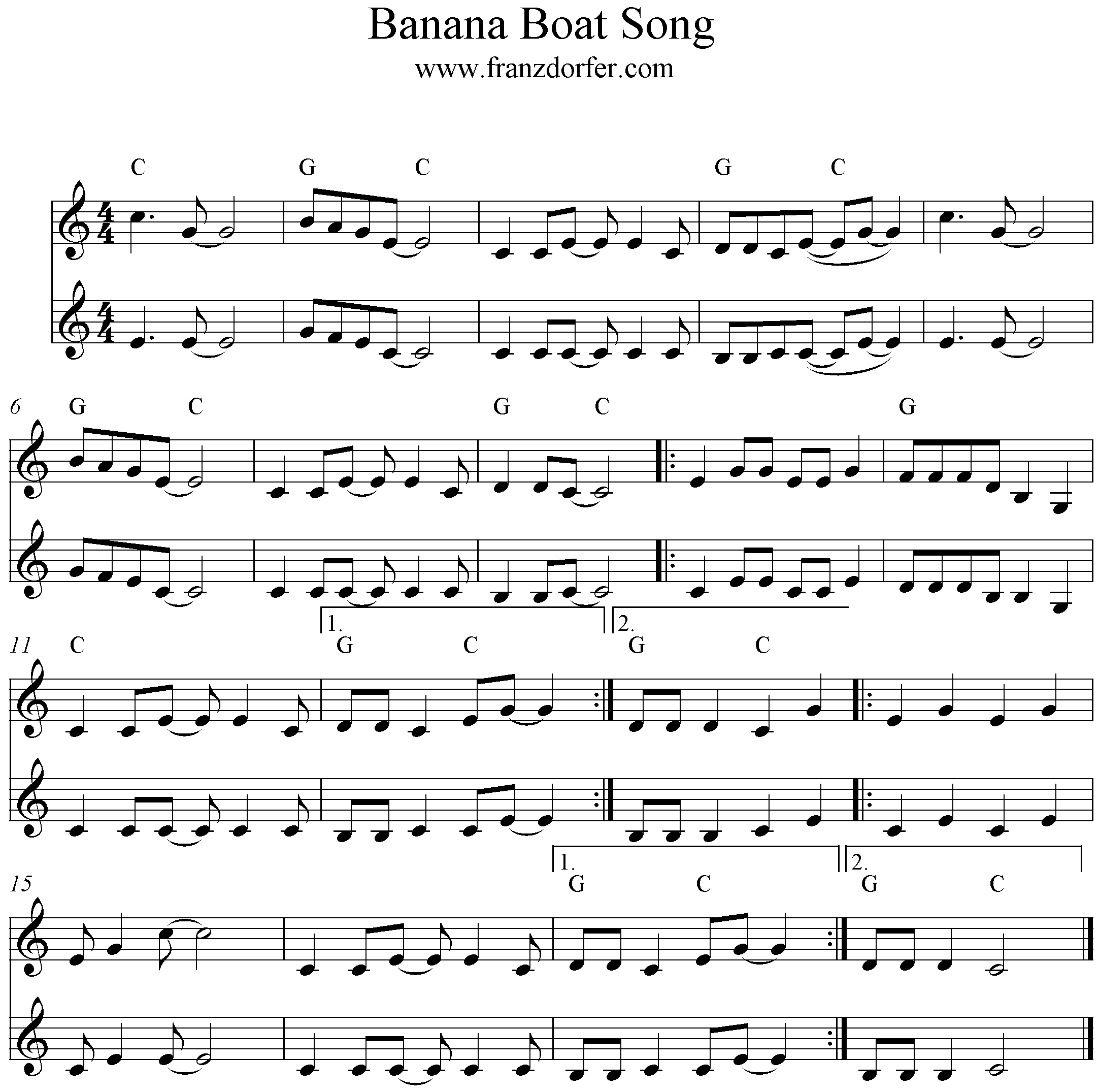 Banana Boat Song, Klarinette, 2 stimmig, Clarinet, Duo, C-Major