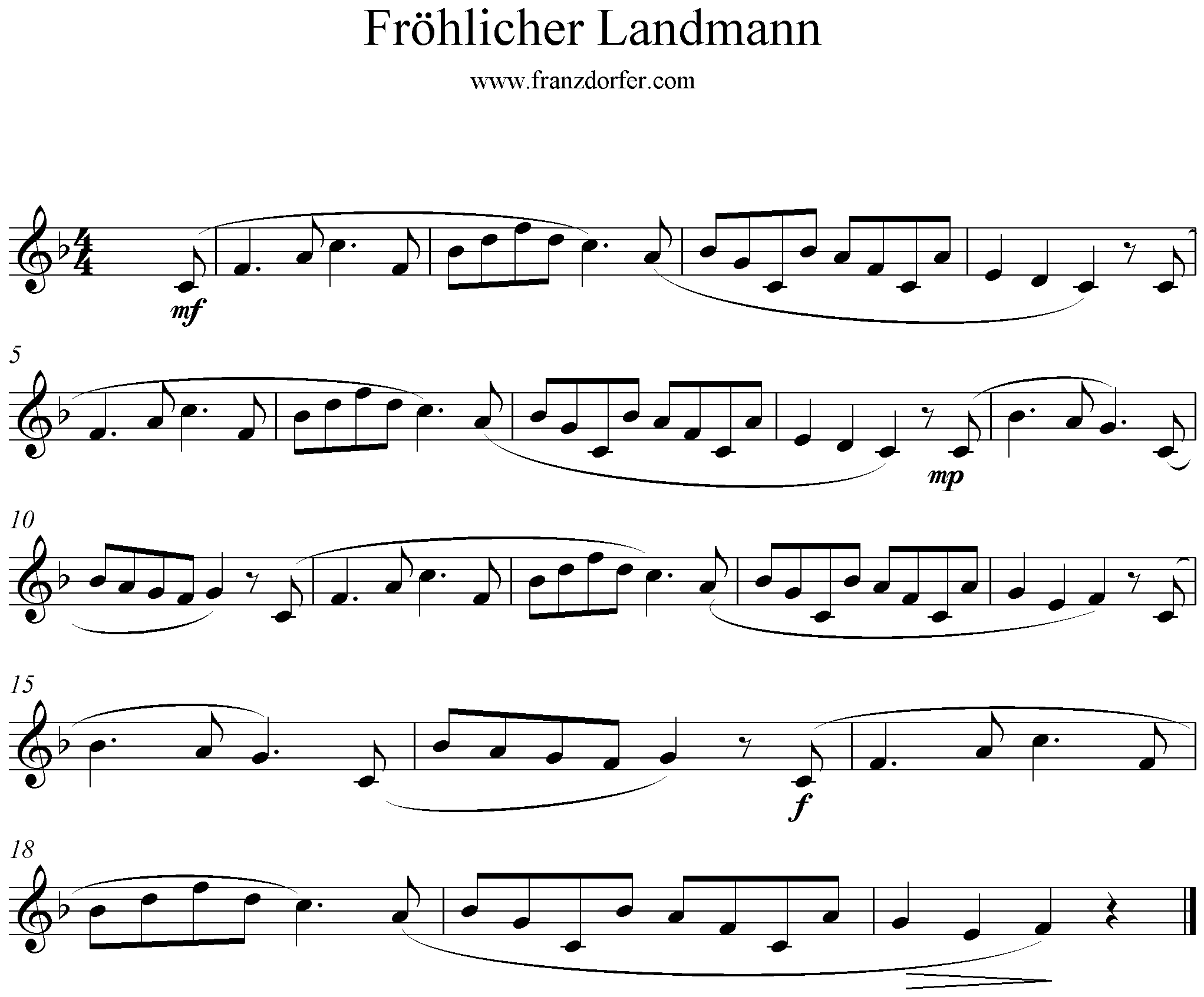 Noten der fröhliche Landmann, Blockflöte, F-Dur