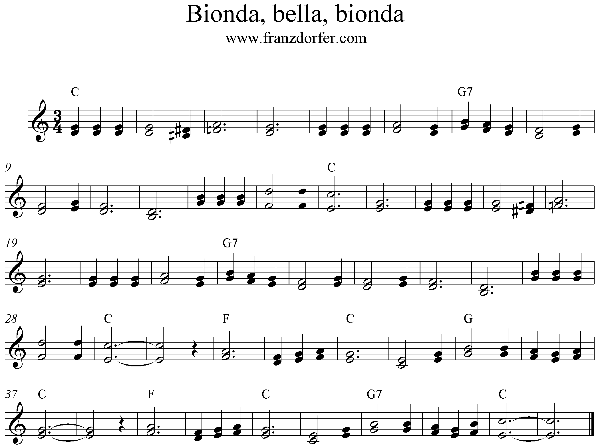 Bionde, bella, bionda, C-Dur, Noten für Blockflöte