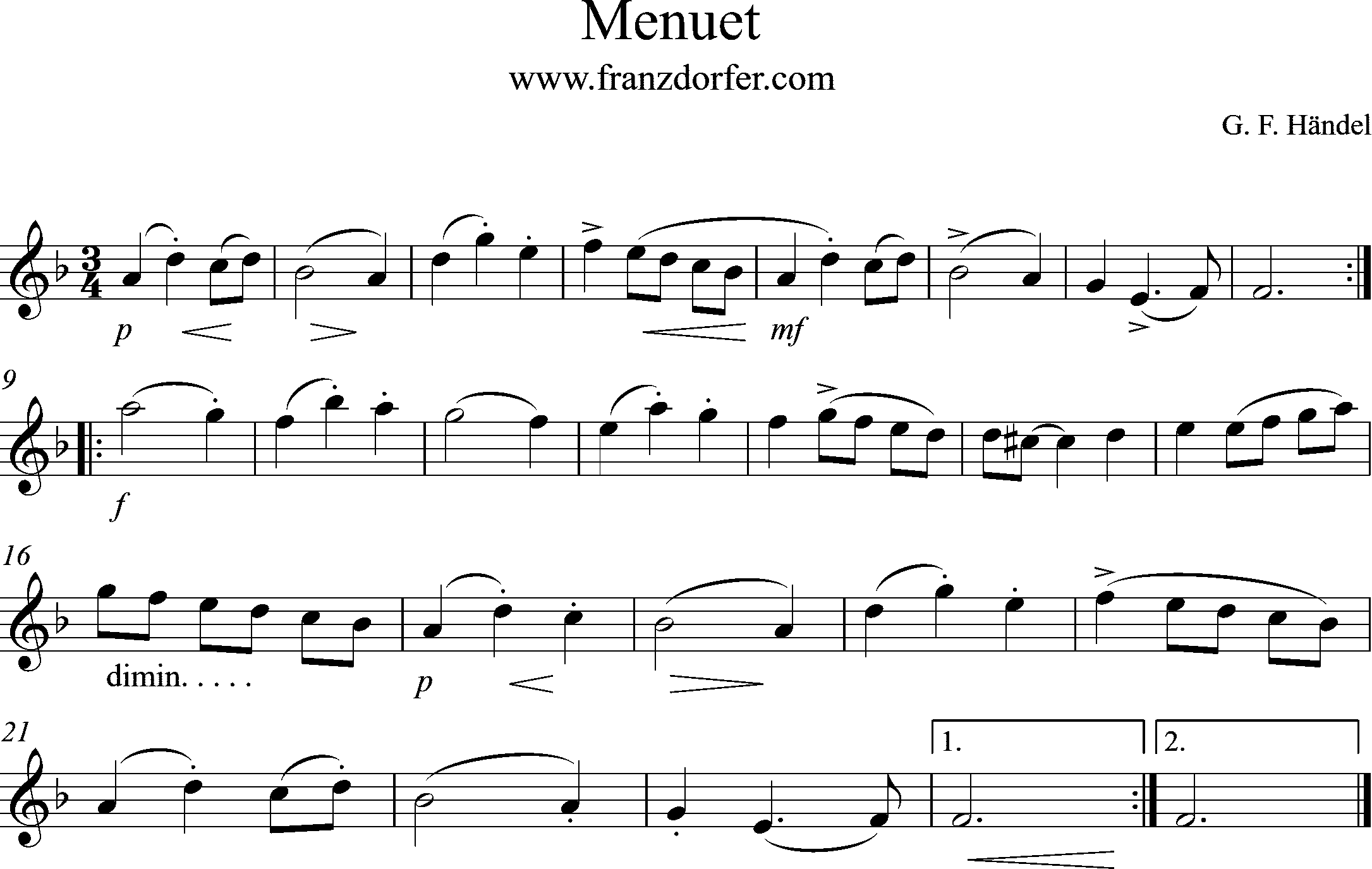 Noten Klarinette Menuet Händel