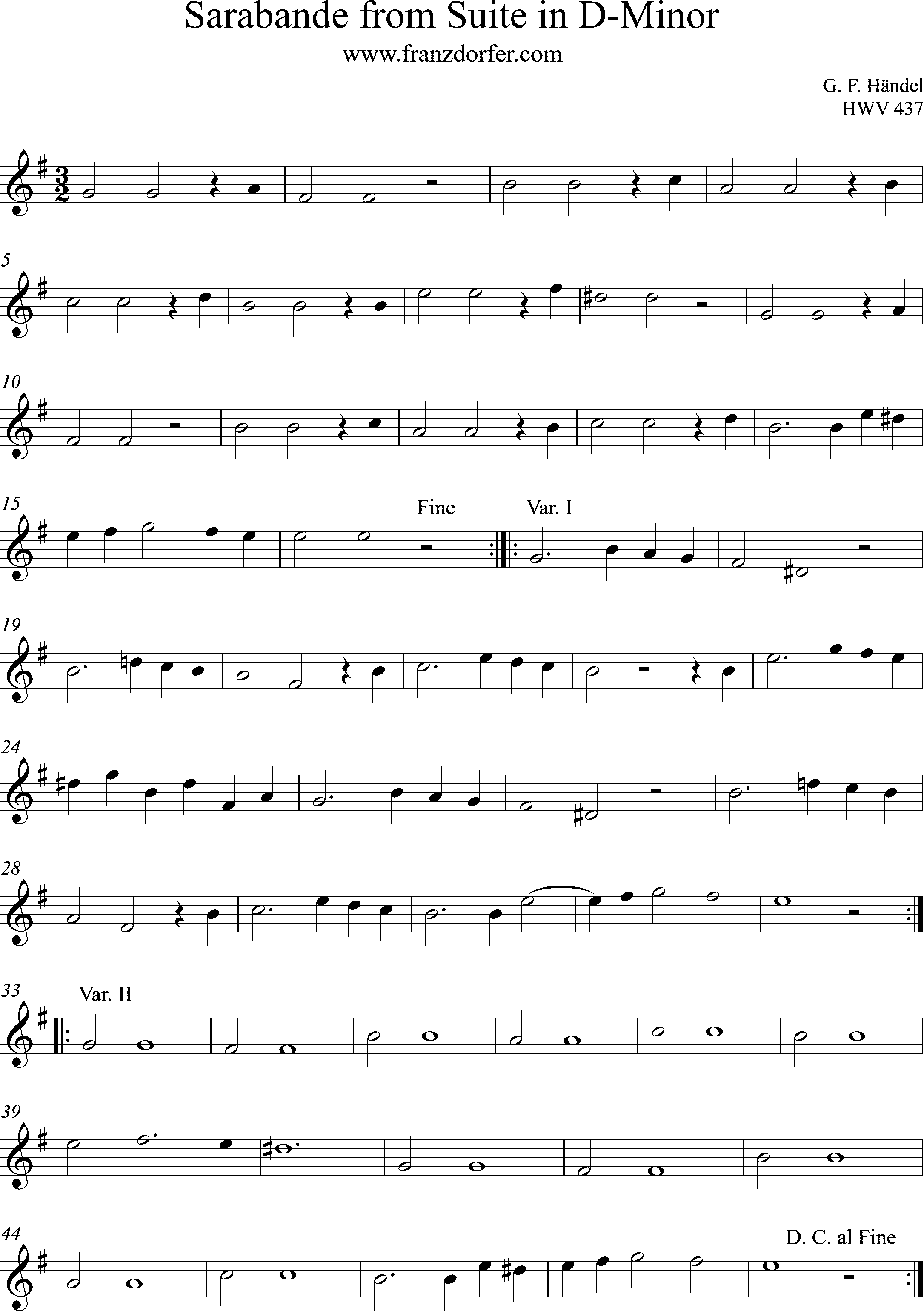 Noten Sarabande Händel- HWV 437- Clarinet