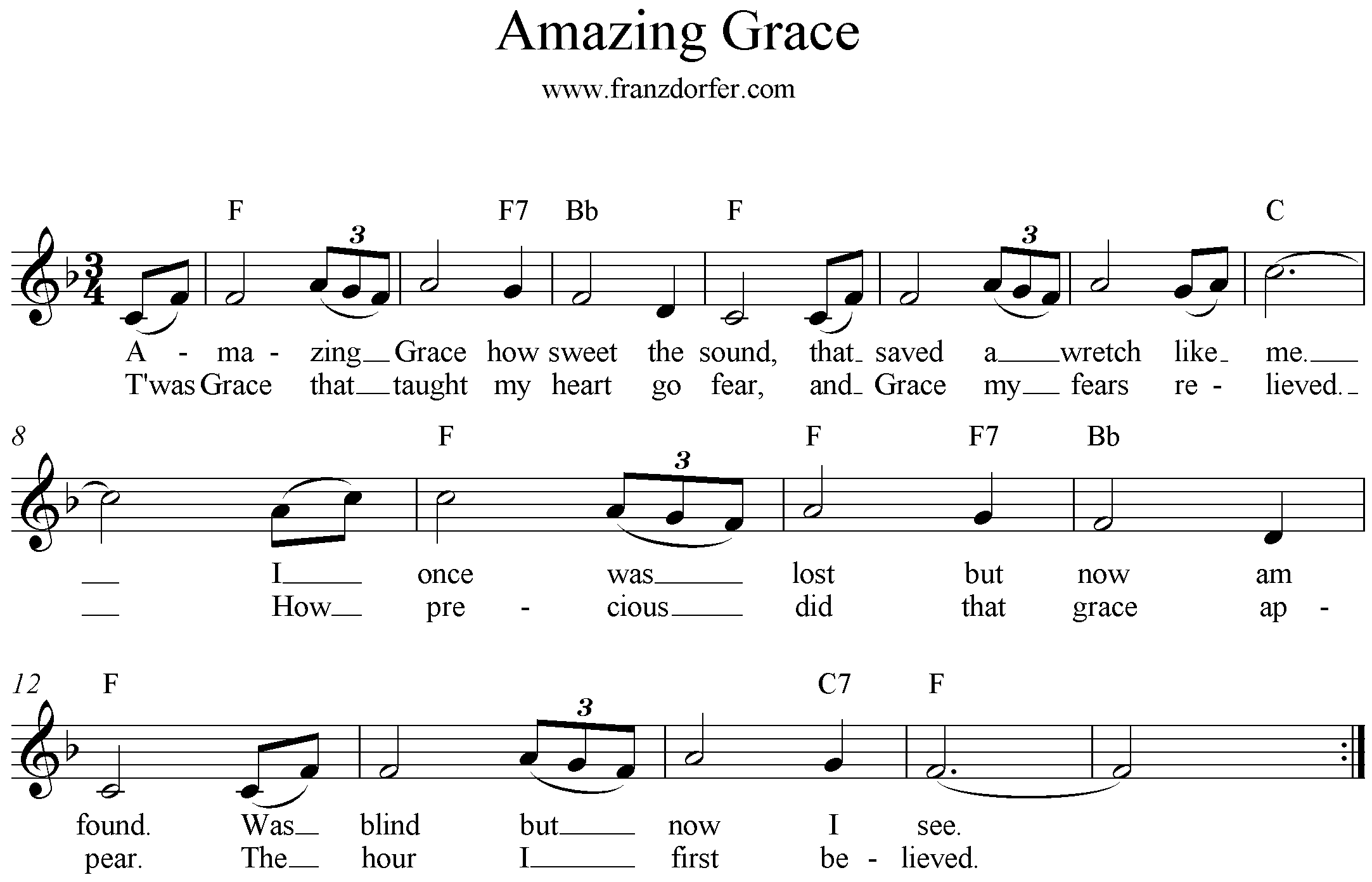 Noten, Amazing Grace, F-Dur, Blockflöte