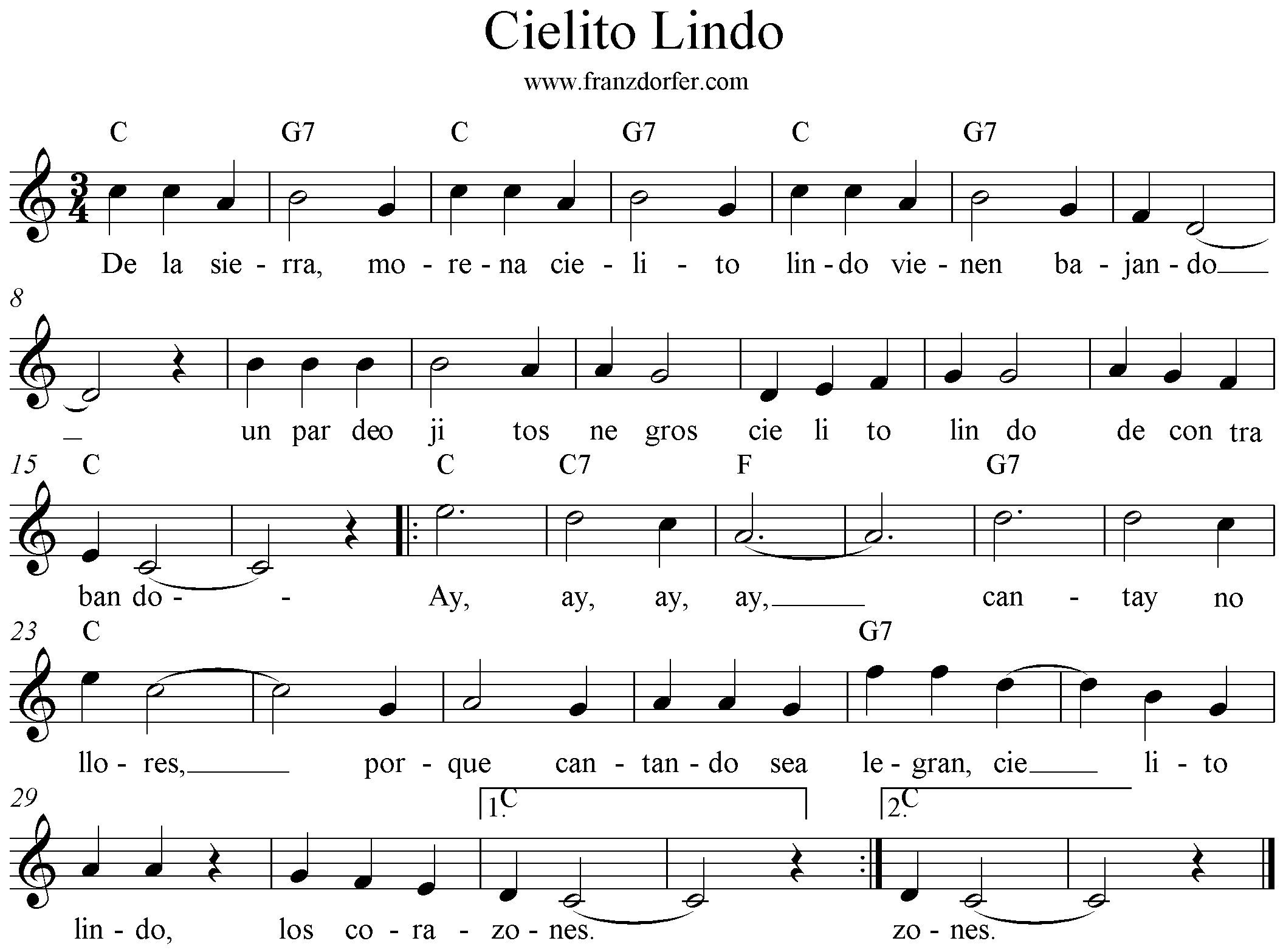 Noten, Cielito Lindo,Blockflöte, C-Dur