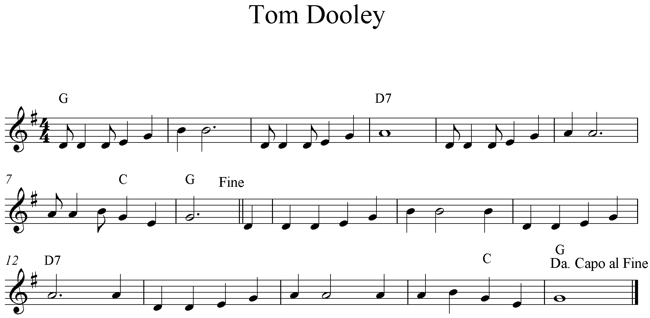 Noten Tom Dooley, G-Dur, Blockflöte