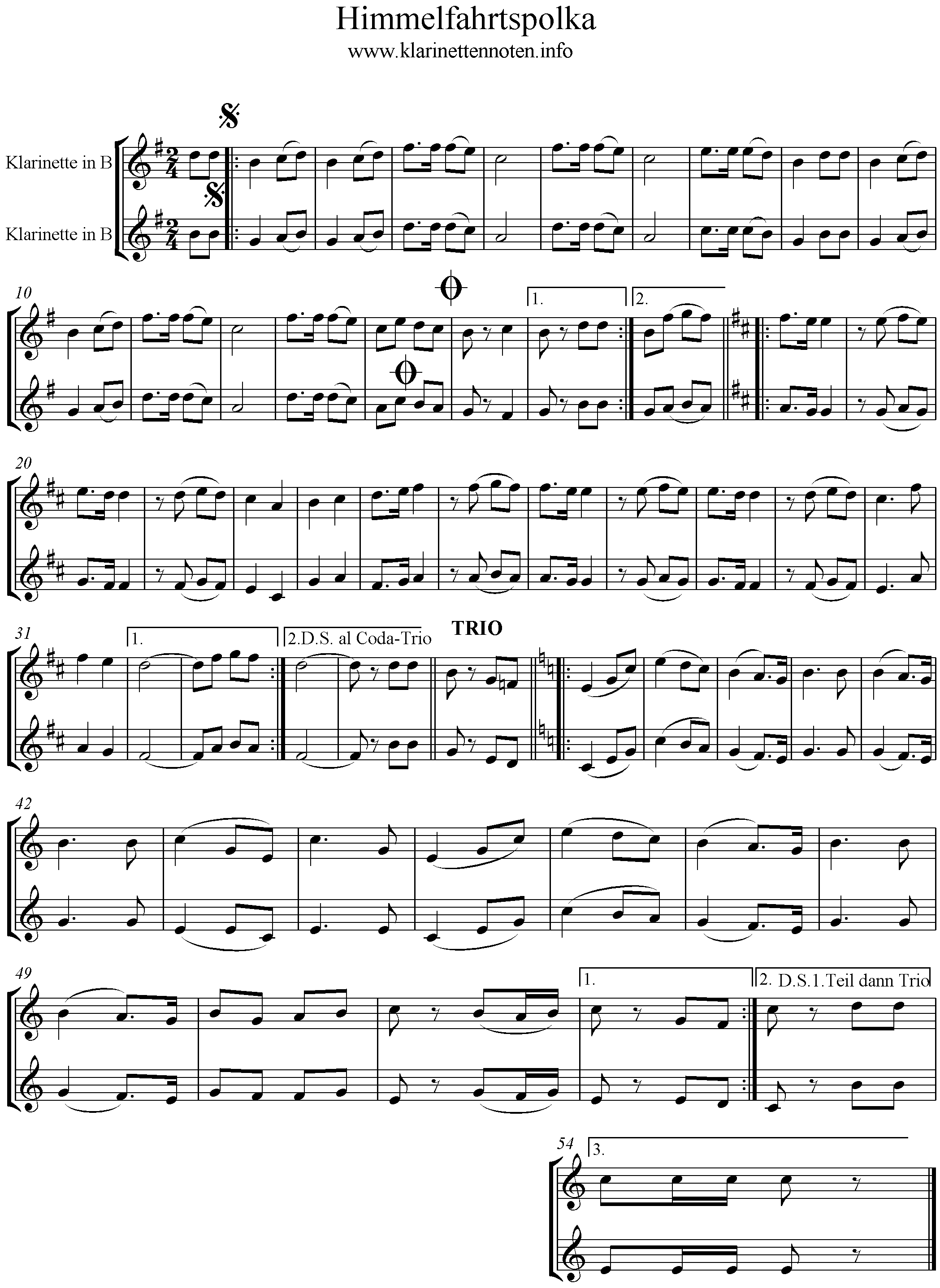 Noten Himmelfahrtspolka, Klarinette, duo