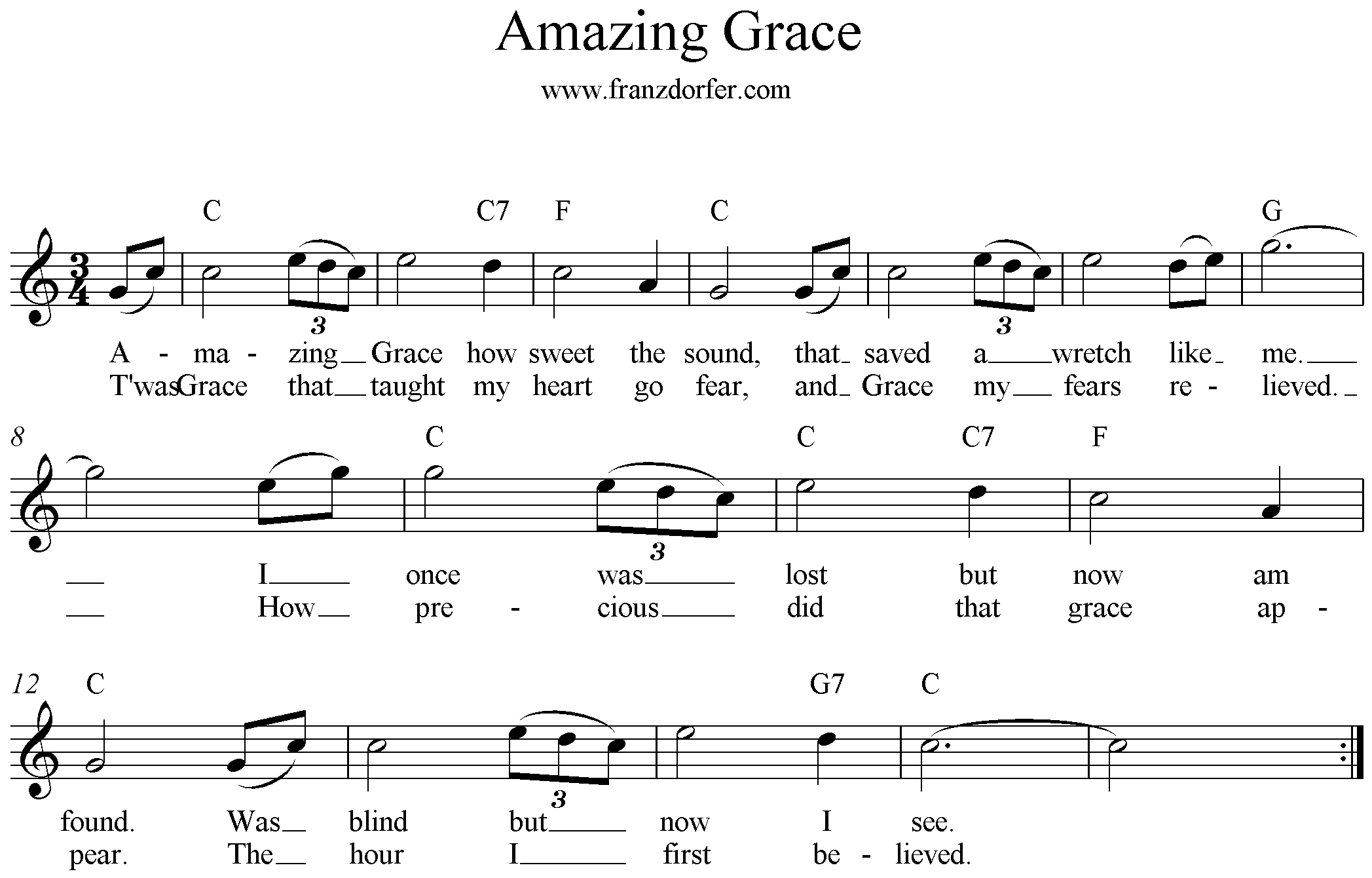 Querflöte Noten, C-Dur, Amazing Grace