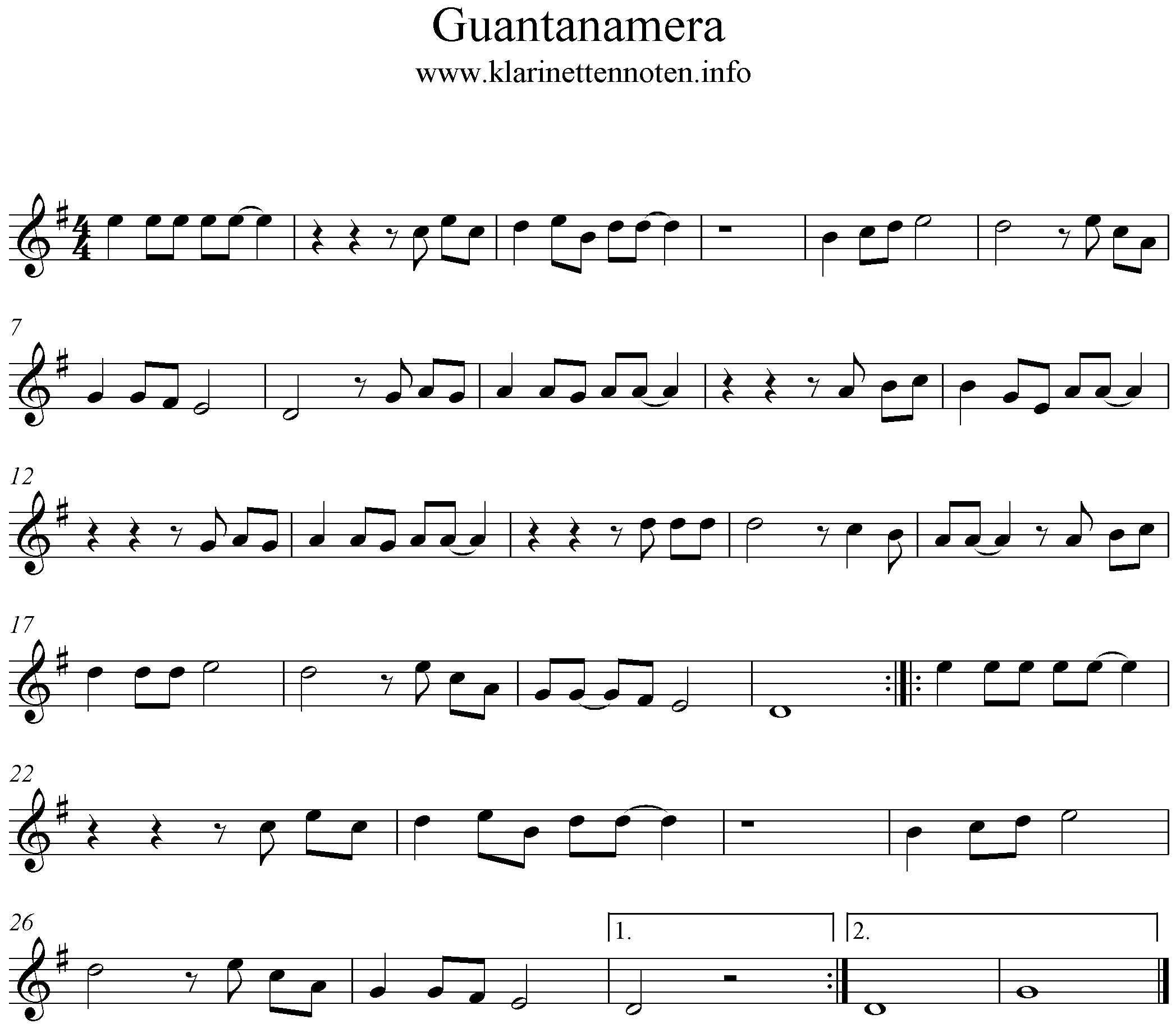 Guantanamera Noten für Klarinette, Clarinet, G-Major