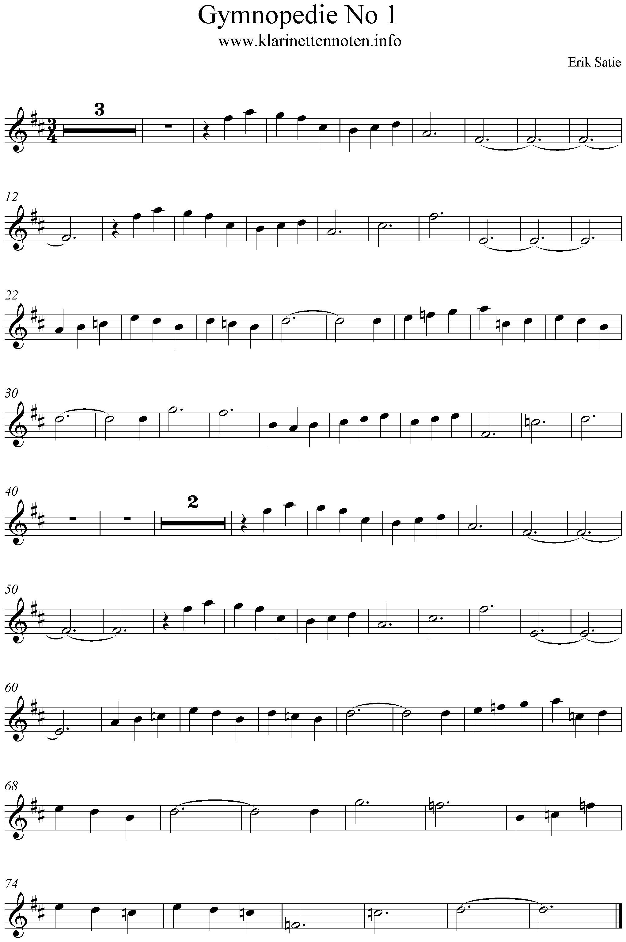 Noten, freesheetmusc Gymnopedie No1 Clarinet, Klarinette