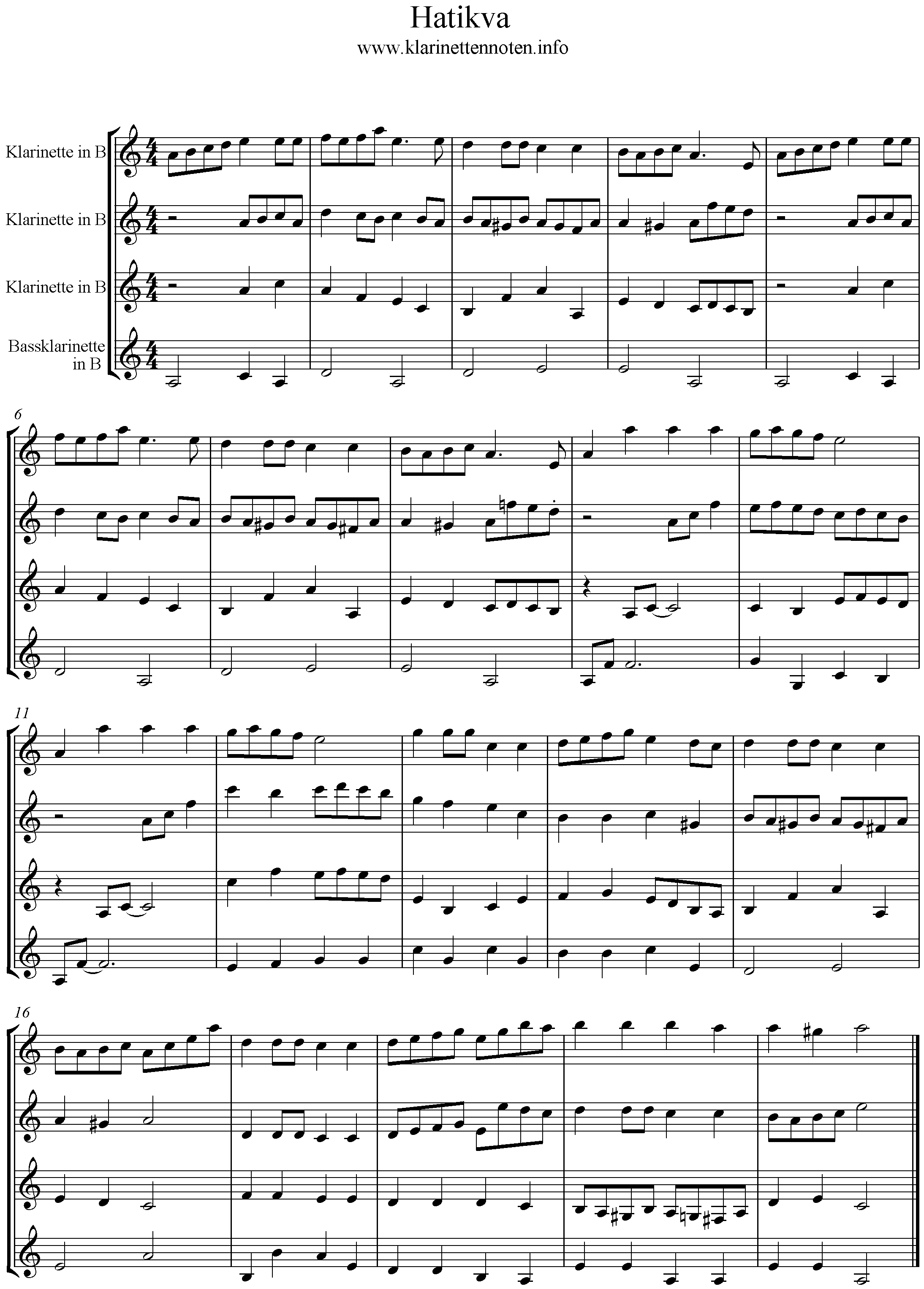 Quartet, Clarinet, Sheetmusic, National Anthem of Israel