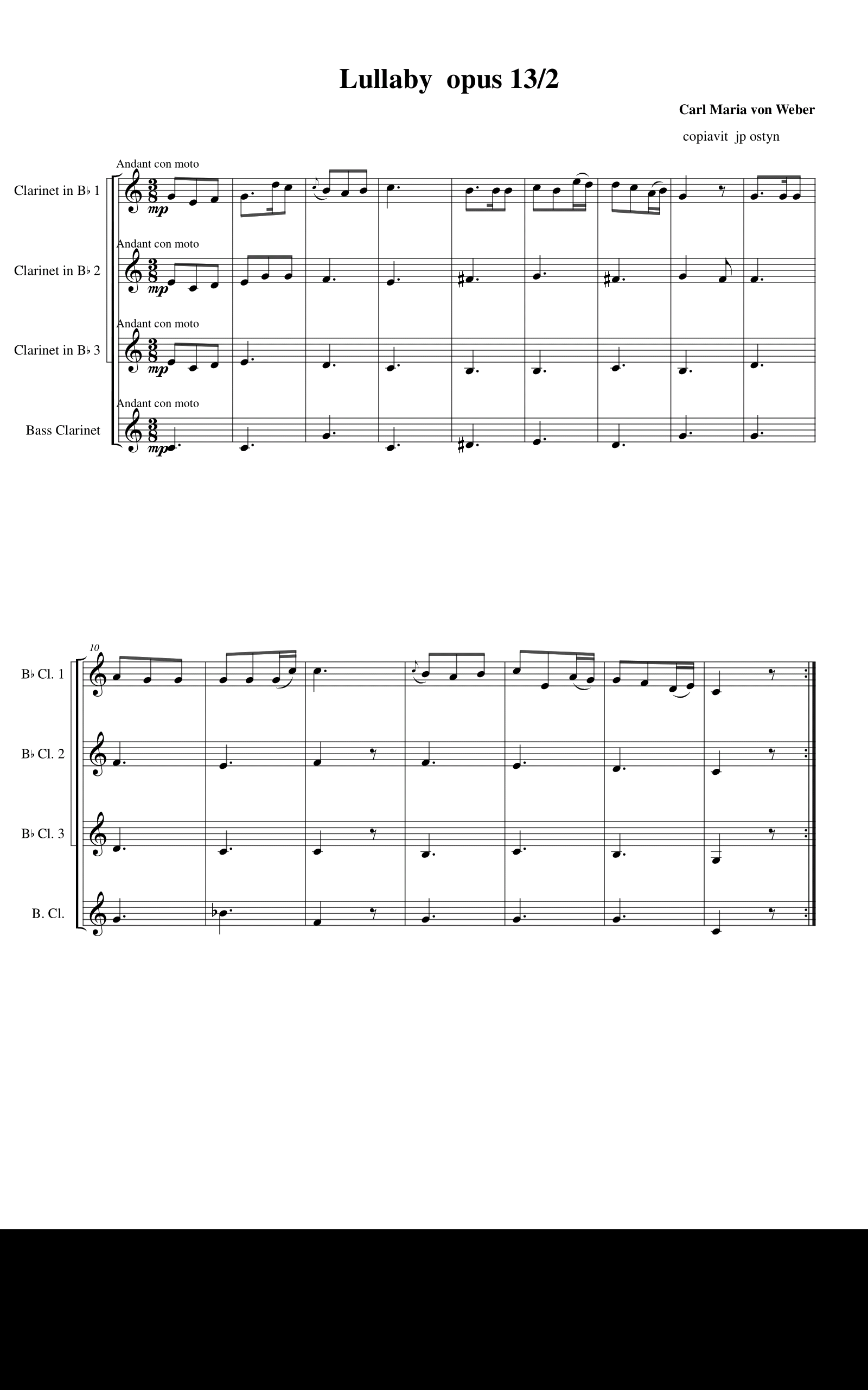 Lullaby, Wiegenlied weber op.13/2 Clarinet Quartet