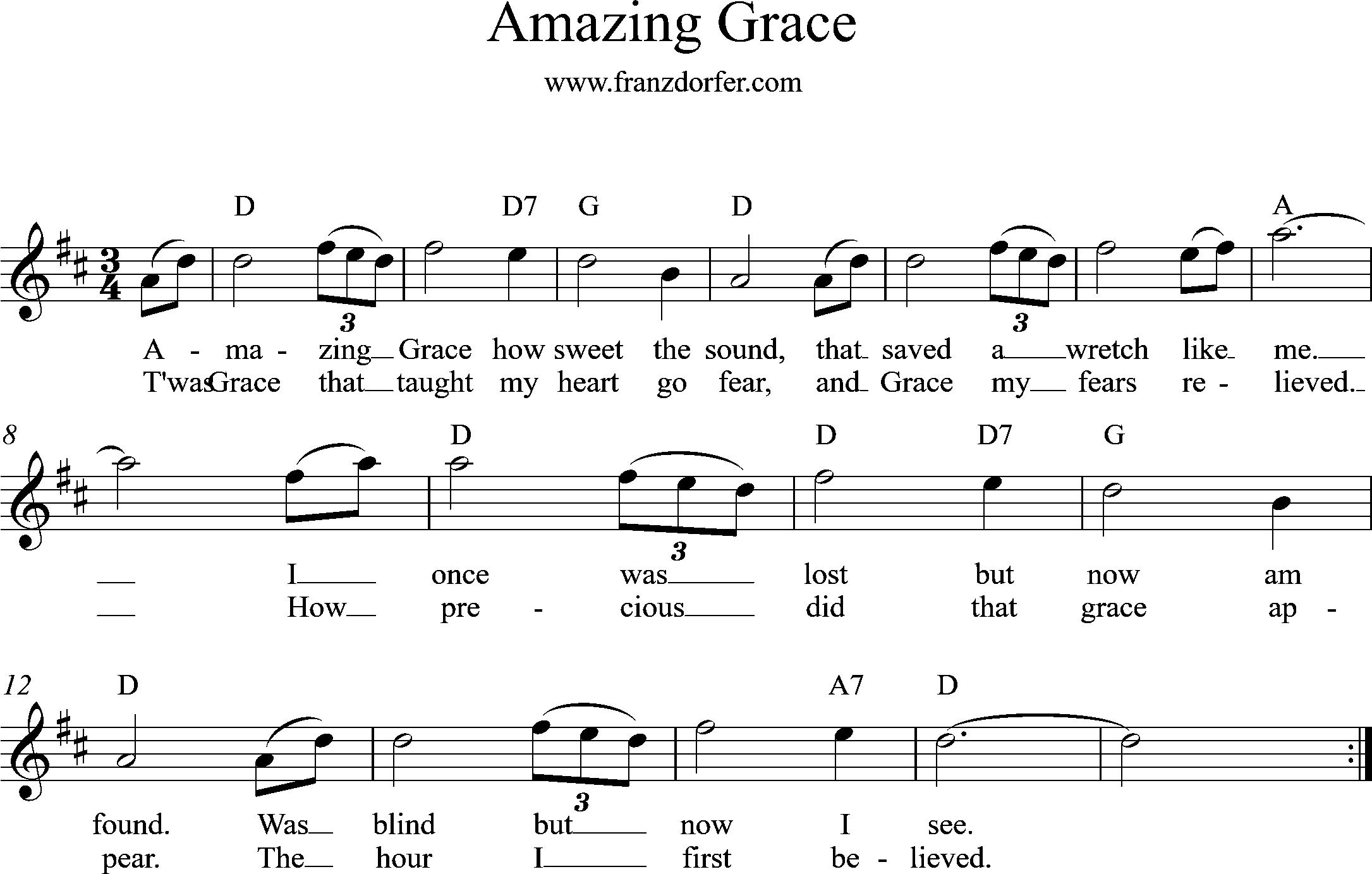 Geigennoten - Amazing Grace - D-Dur.