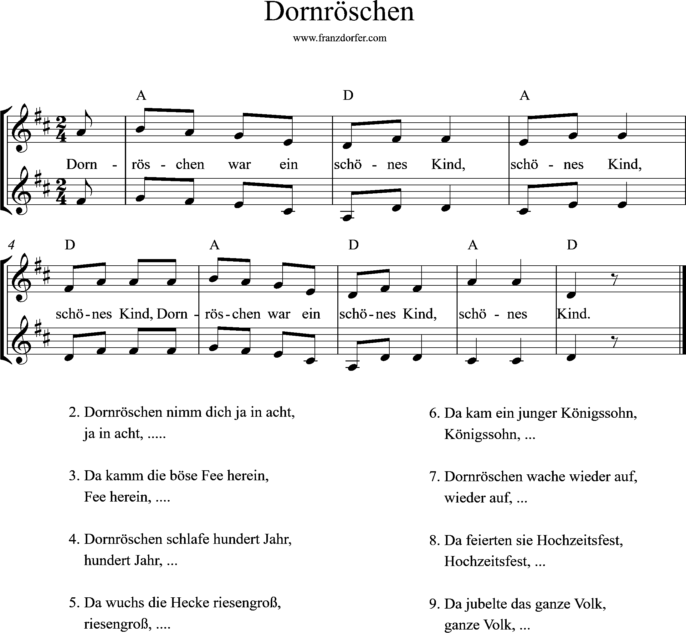 noten, D-Dur, Dornröschen