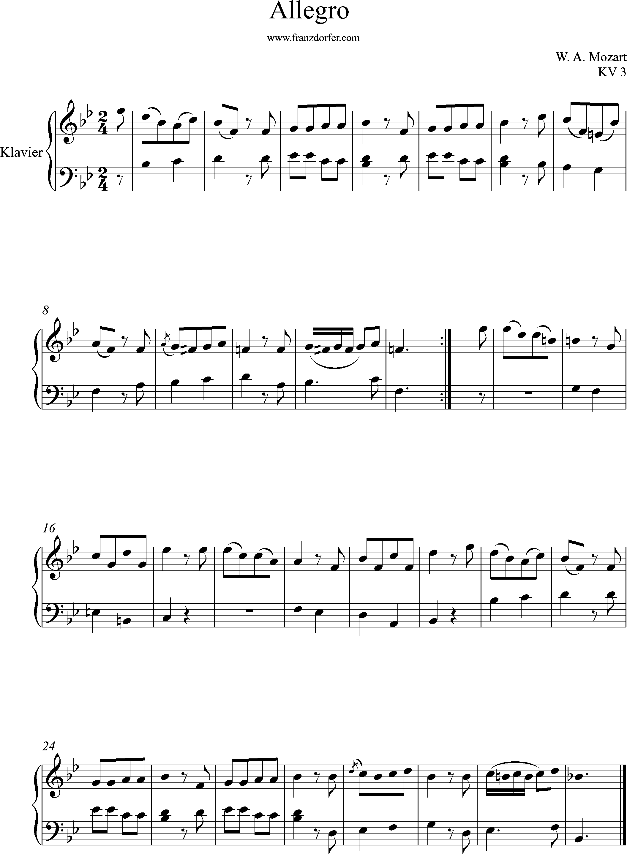 klaviernote, Allegro, KV 3, Mozart