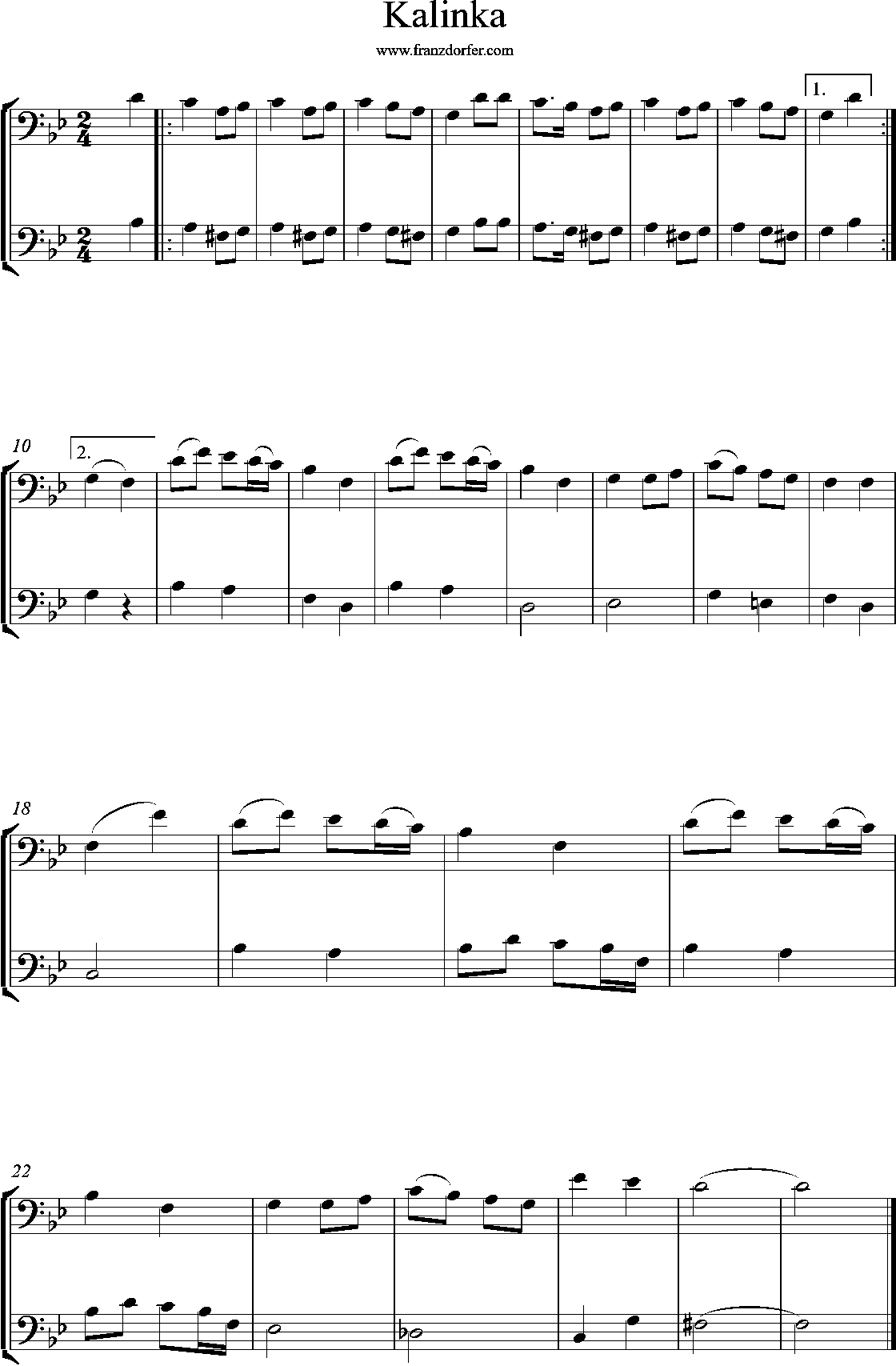 Bassschlüssel, noten Duo,Kalinka, g-minor