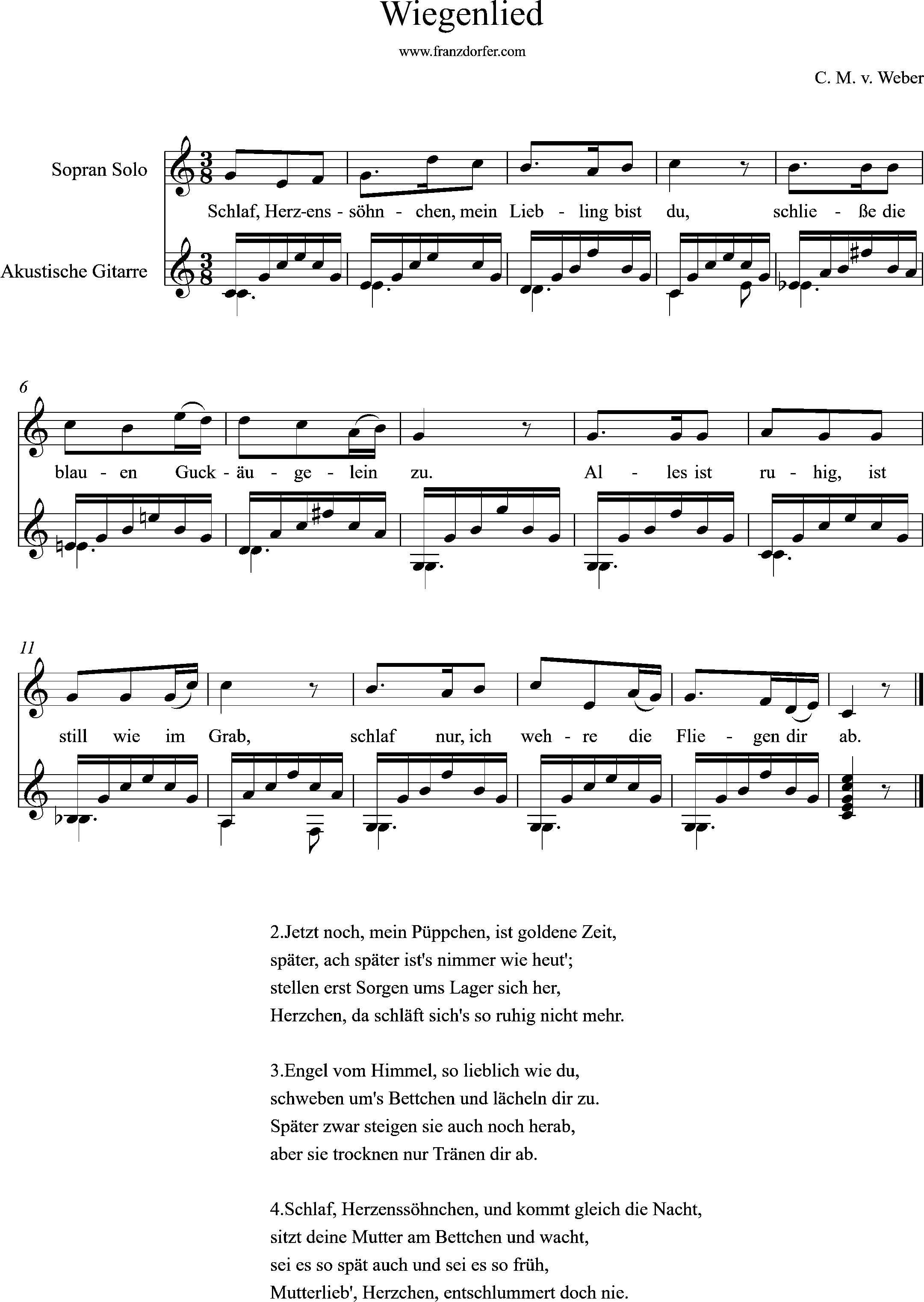 Gitarren noten, Schlaf Herzenssöhnchen, C-Dur