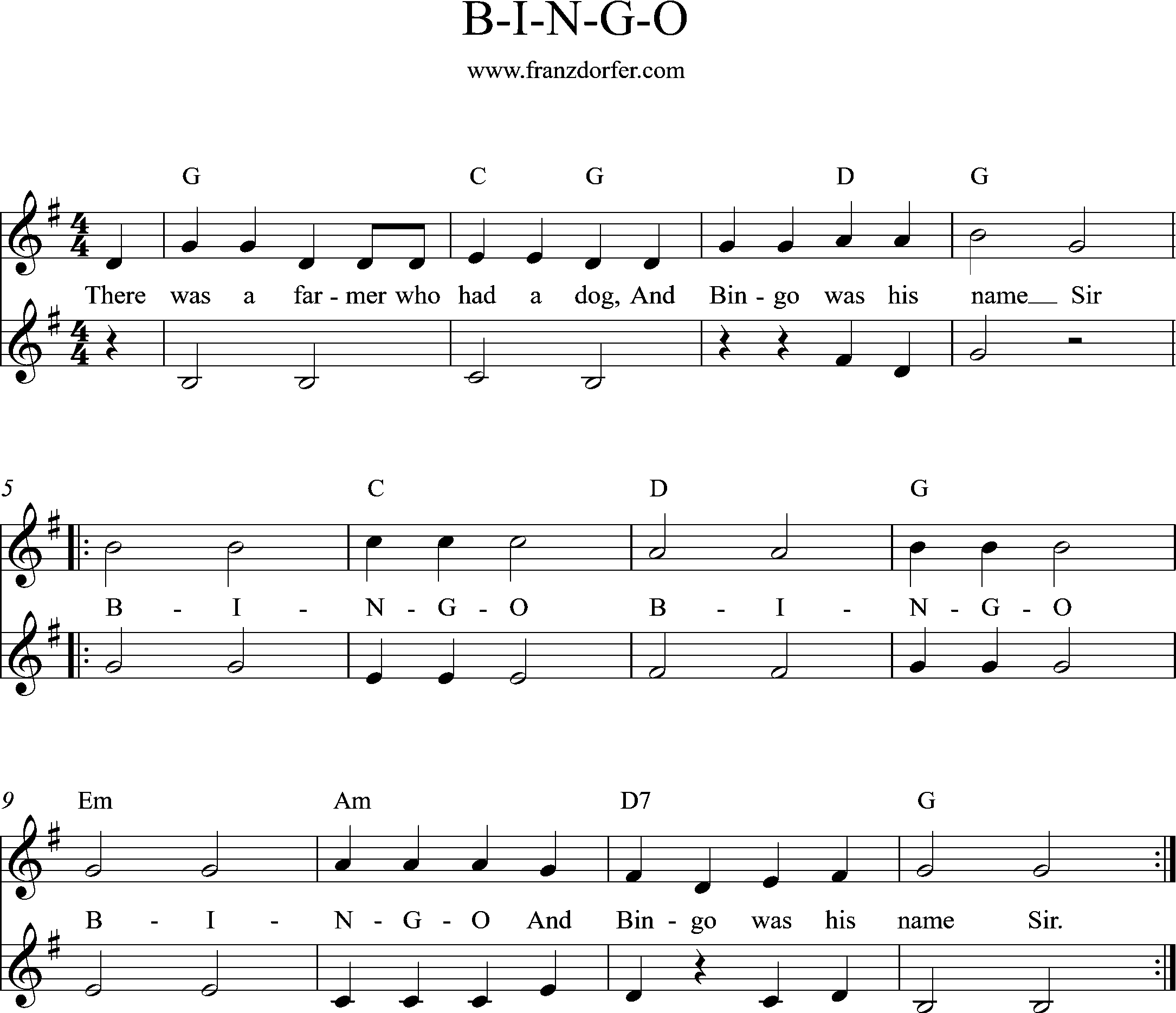 Piano Sheetmusic, G-Major, Bingo