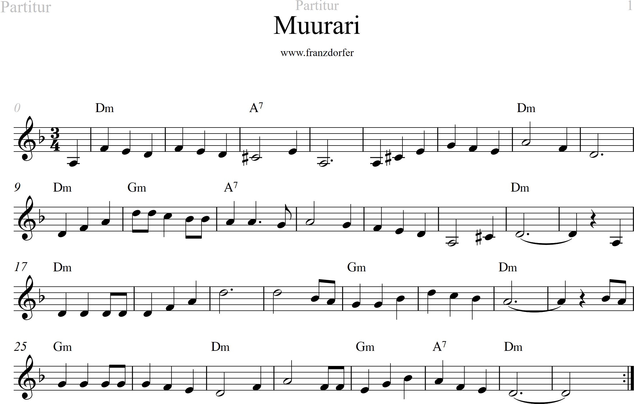 leadsheet music score, Muurari Waltz, d-minor