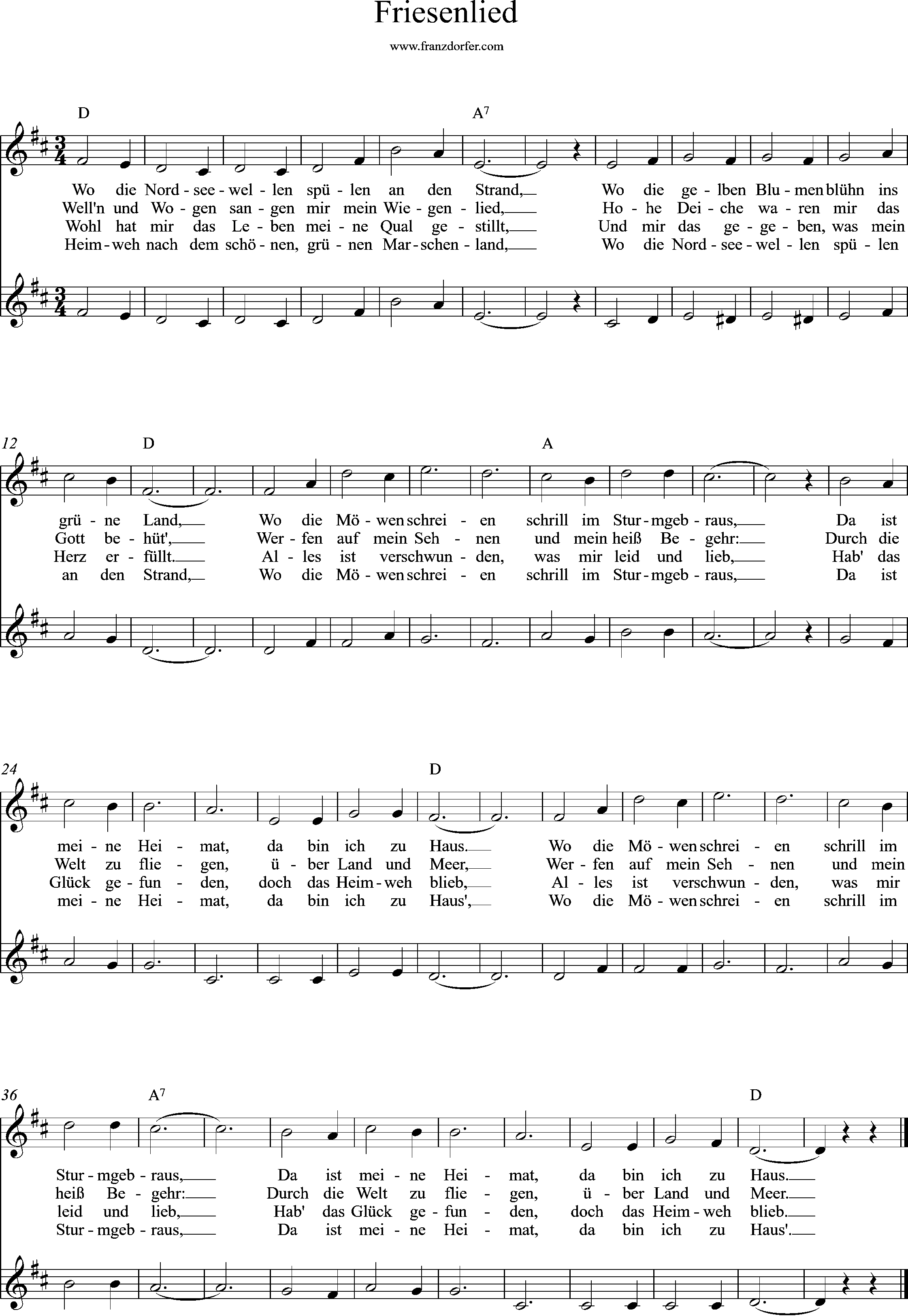 Duo-Noten, D-Dur, Wo die Nordseewellen