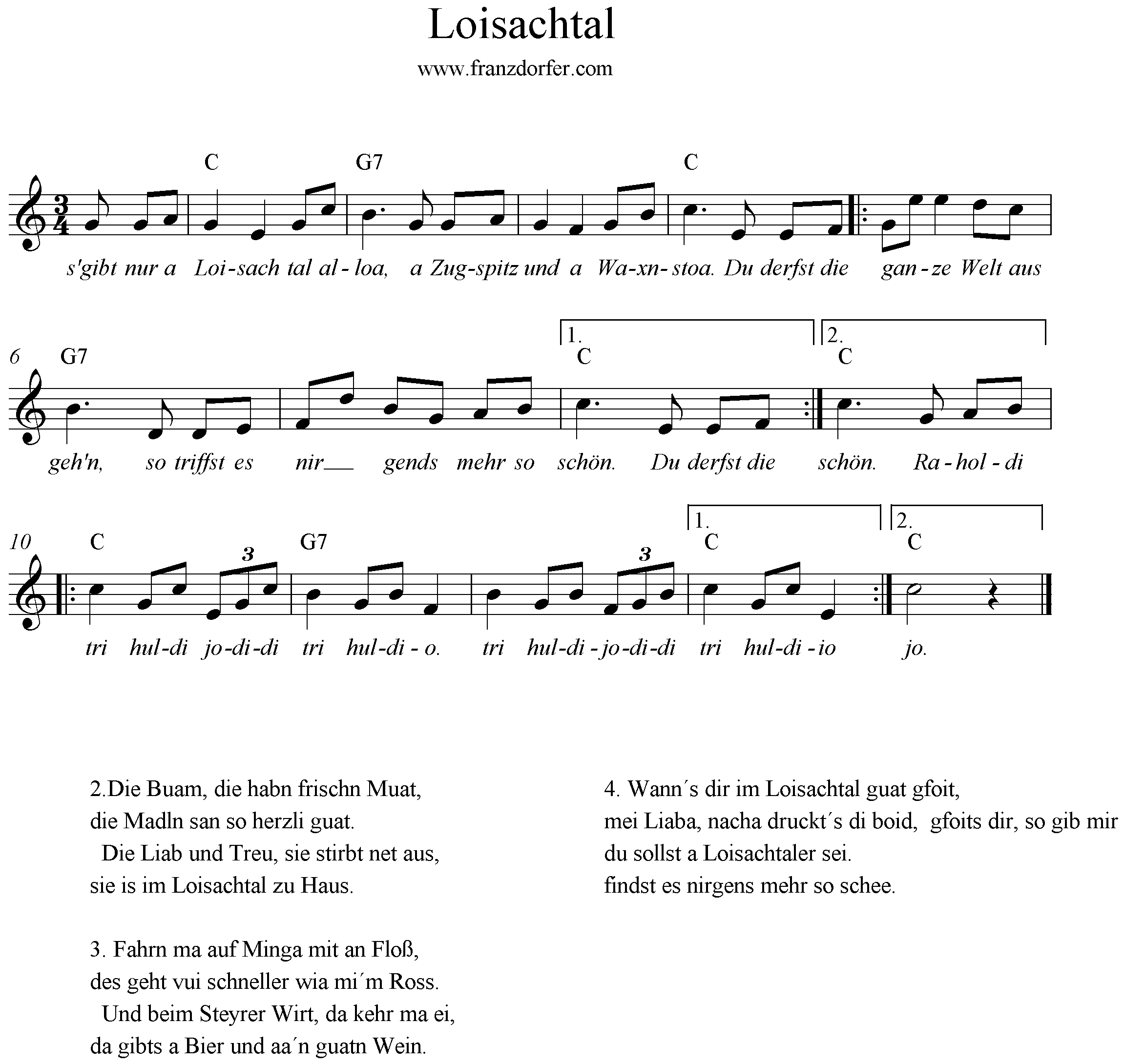 Noten , Text und Akkorde vom Lied Loisachtal