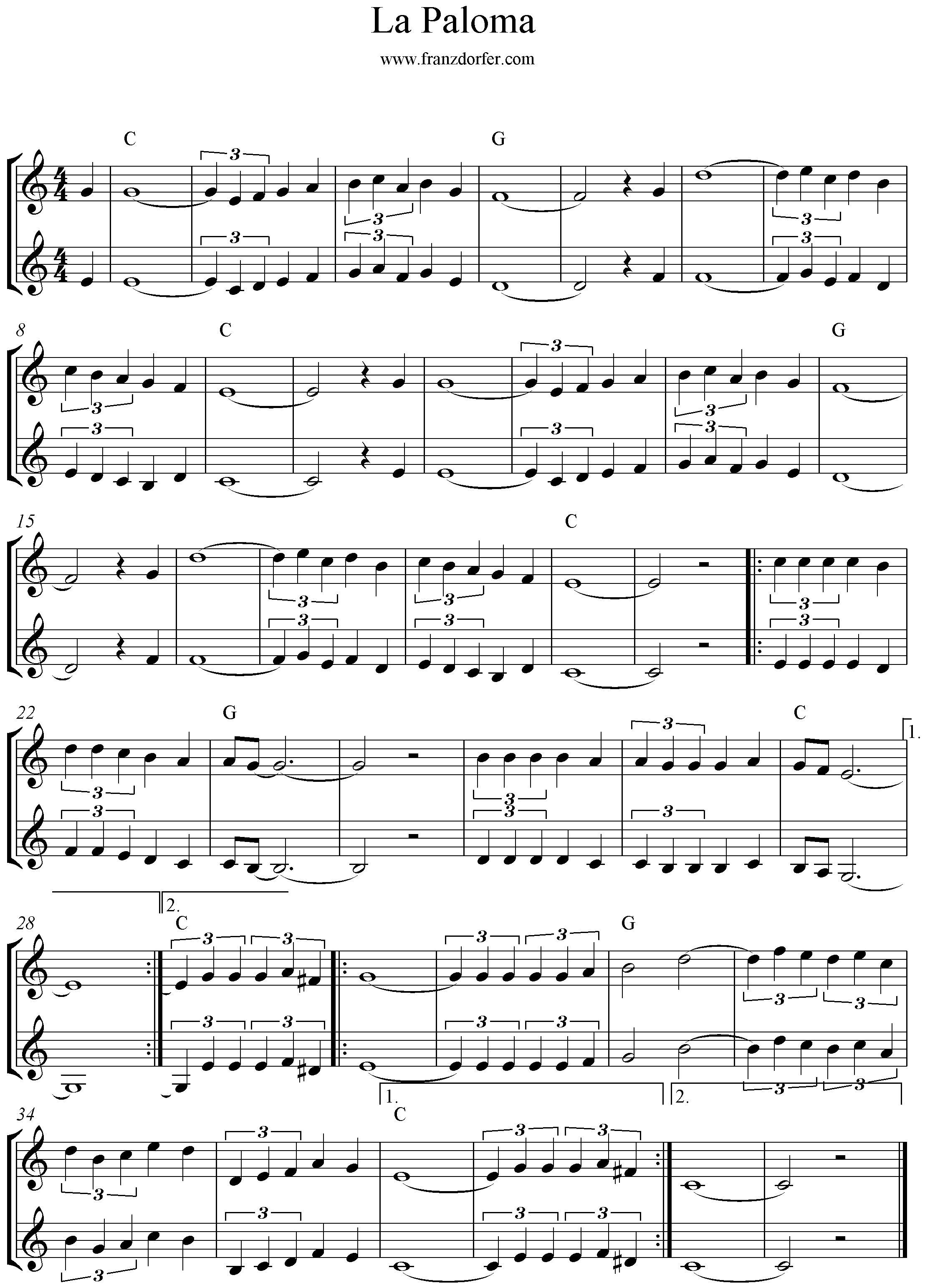 Noten Klarinette La Paloma, 2stimmig, C-Dur
