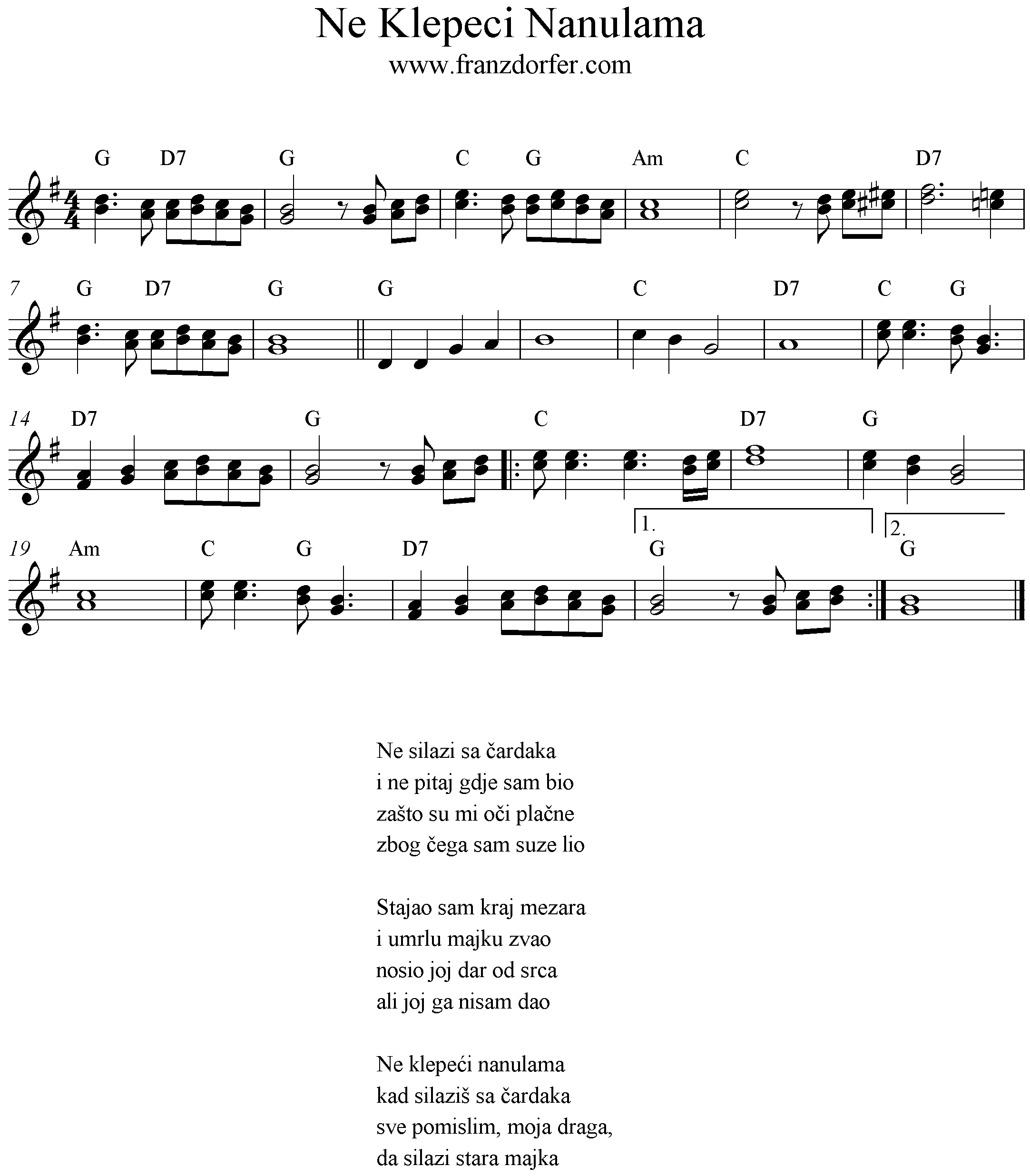 ne klepeci nanulama freesheet music