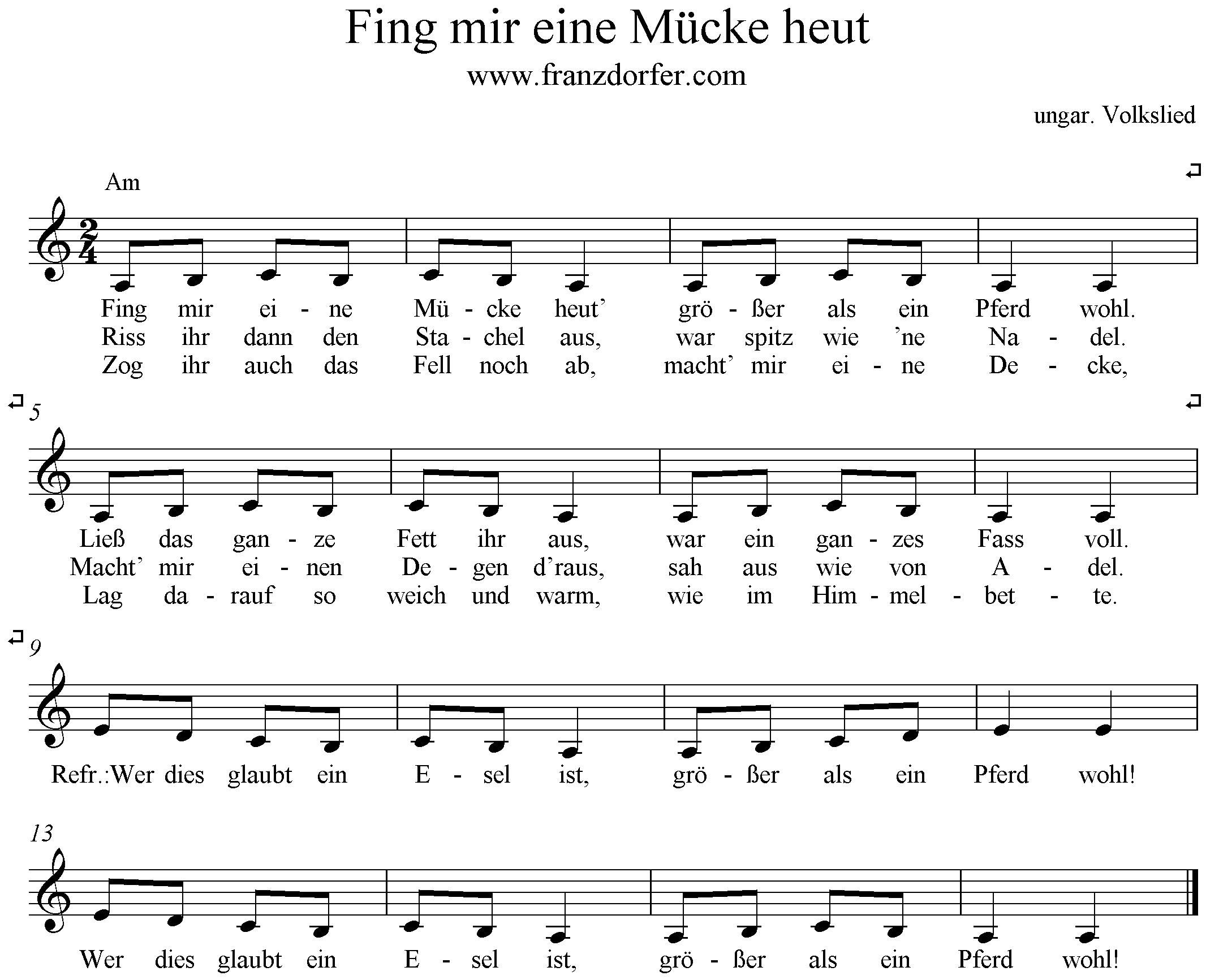 Noten, Fing mir eine Mücke heut, a-moll