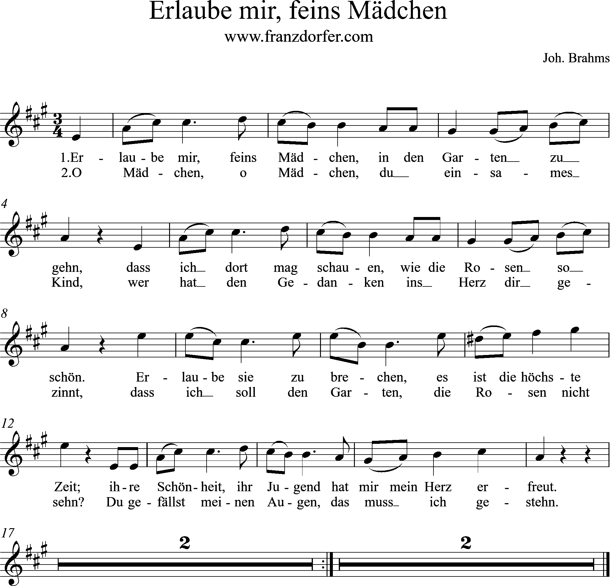 Noten, Erlaube mir feins Mädchen, A-Dur