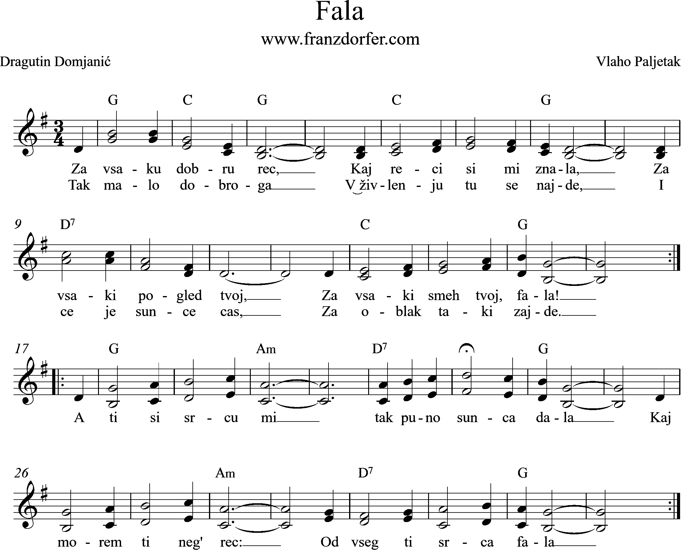 sheetmusic Fala, Za vsaku dobru reč,