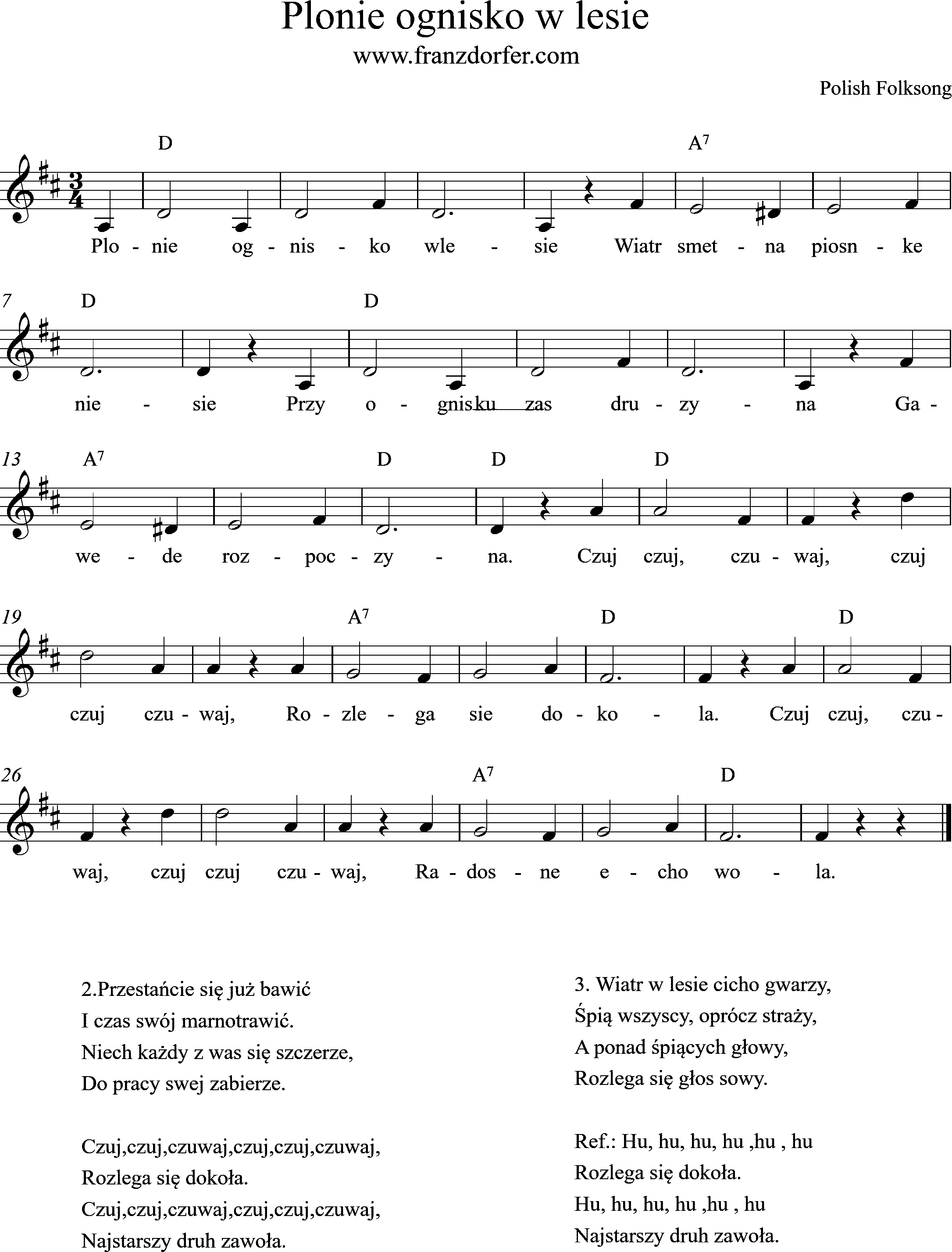 sheetmusic, D-Major, Plonie ognisko