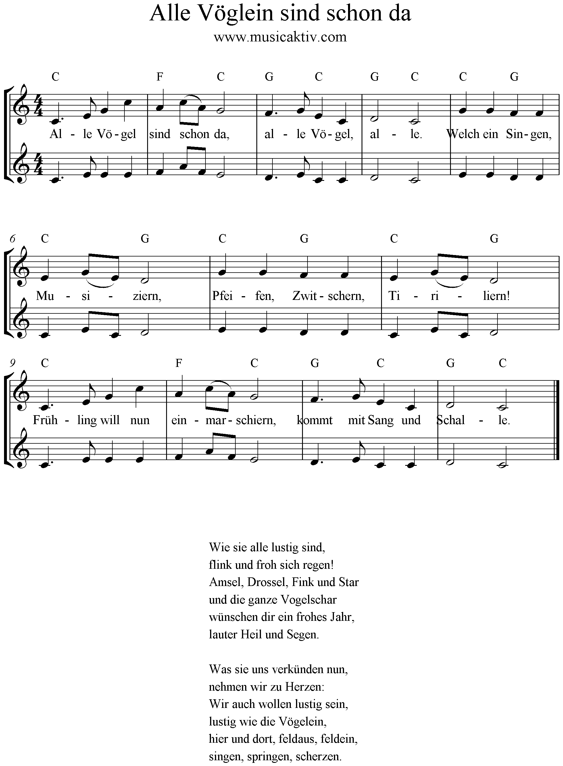 Alle Voglein Sind Schon Da 2stimmig