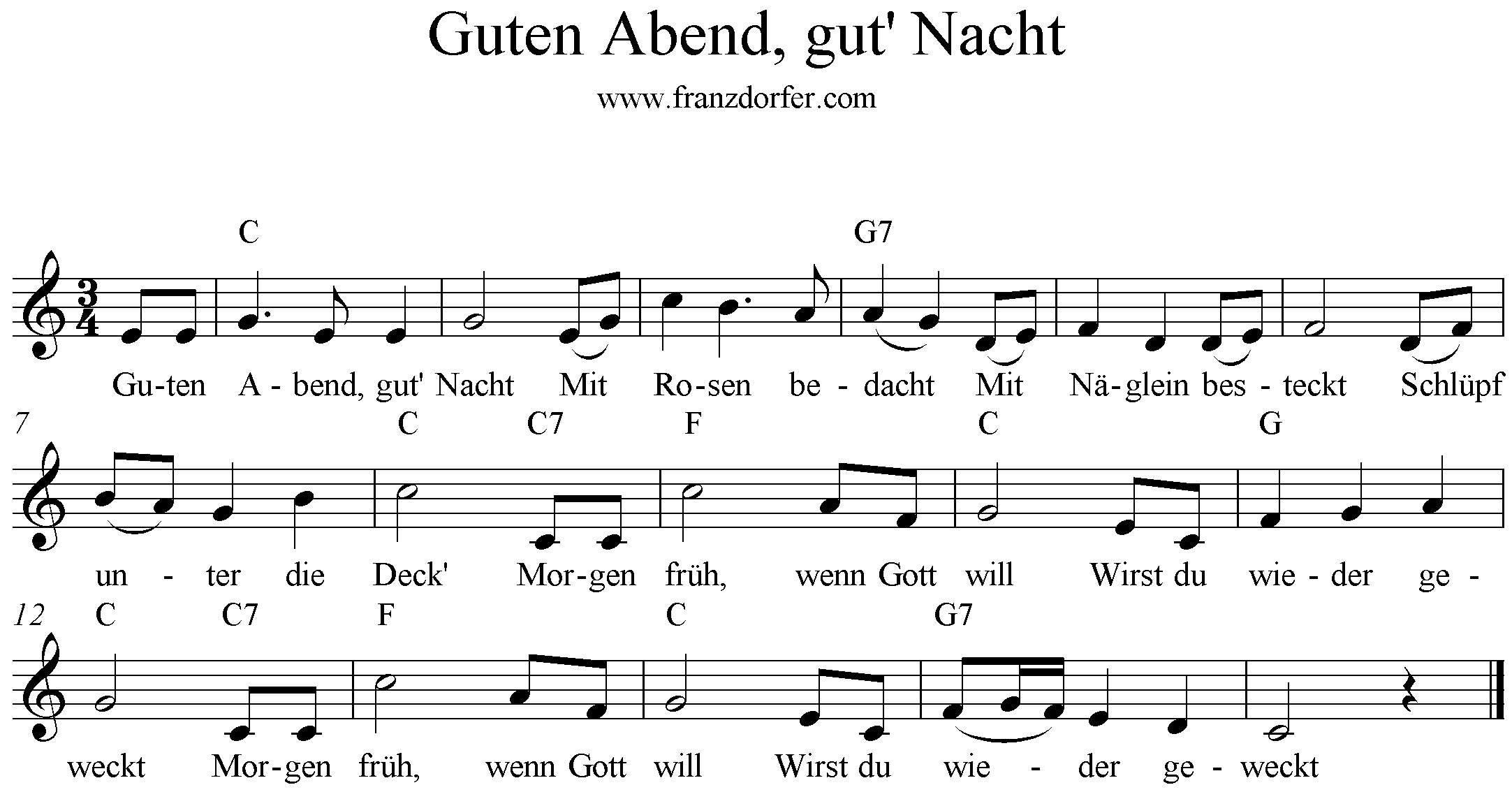 Noten Guten Abend Gut Nacht, C-Dur, Blockflöte.