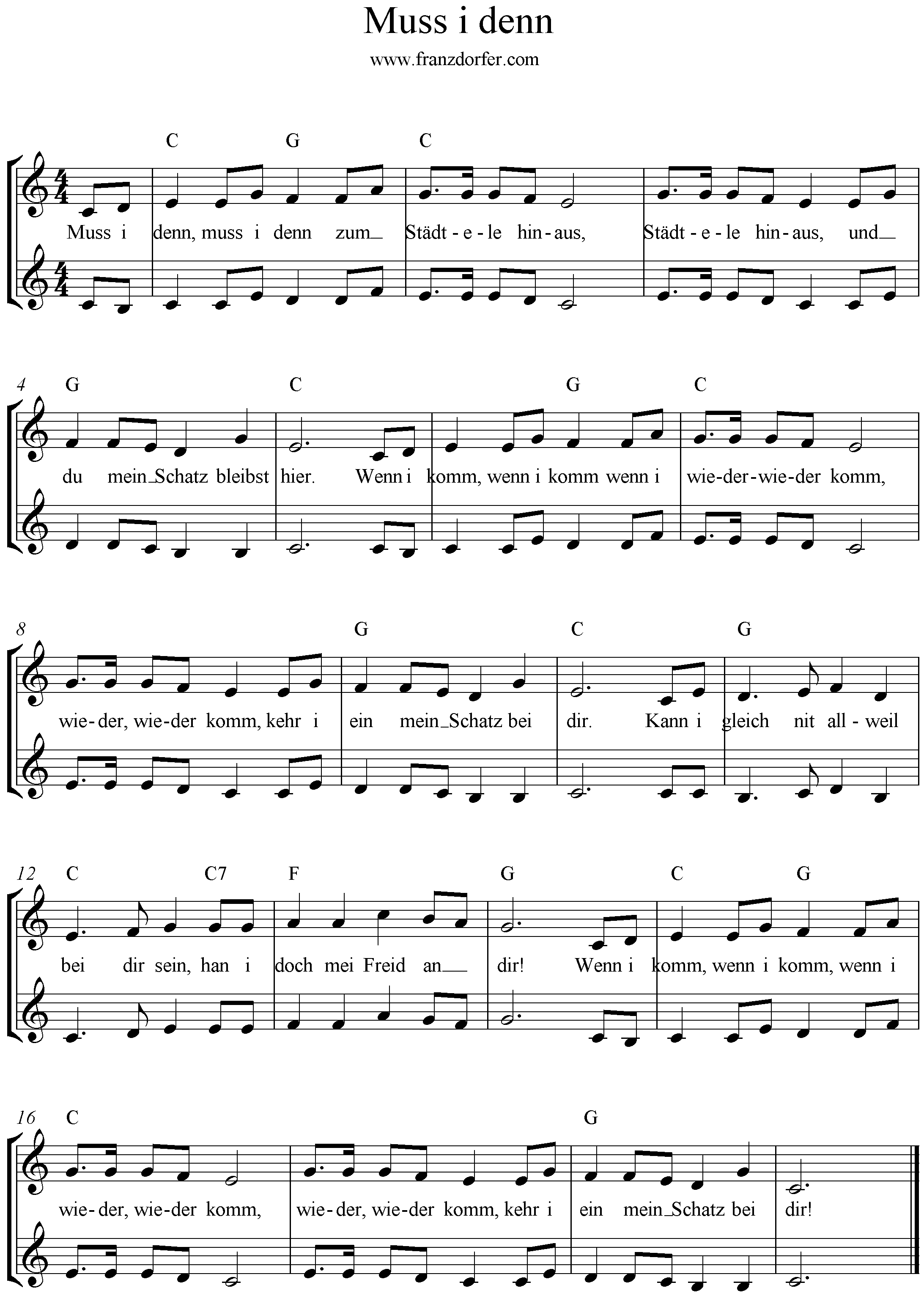 Muss i denn zu Städtele hinaus, C-Dur, Duo, 2stimmig